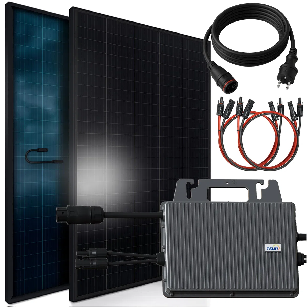 SUNNIVA® 920W Balkonkraftwerk BIFAZIAL FULLBLACK komplett Steckdose TSUN 800W Wechselrichter, PV Solaranlage, 2x 460W Glas-Glas Solarmodule, inkl. 5m Kabel, Bluetooth WIFI, Komplettset
