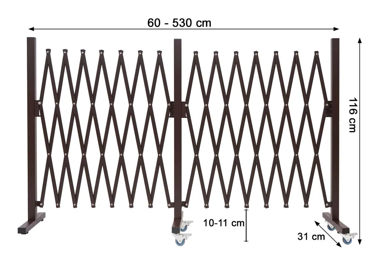 Absperrgitter HWC-B34AM, Zaun Scherengitter Trenngitter, Alu ausziehbar Laufrollen braun - Höhe 109cm, Breite 60-530cm