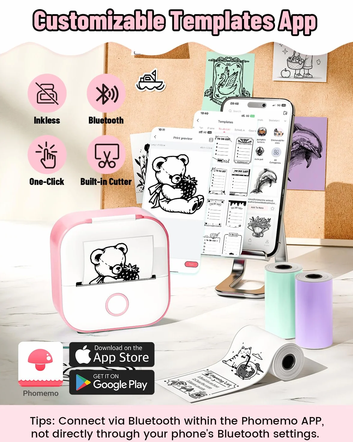Phomemo Mini Drucker, T02 Mini Drucker für Smartphone Tragbarer Etikettendrucker mit KI-gestützter App, Thermodrucker für Studiennotizen, Tagebuch, DIY und Geschenke, Kompatibel mit iOS & Android