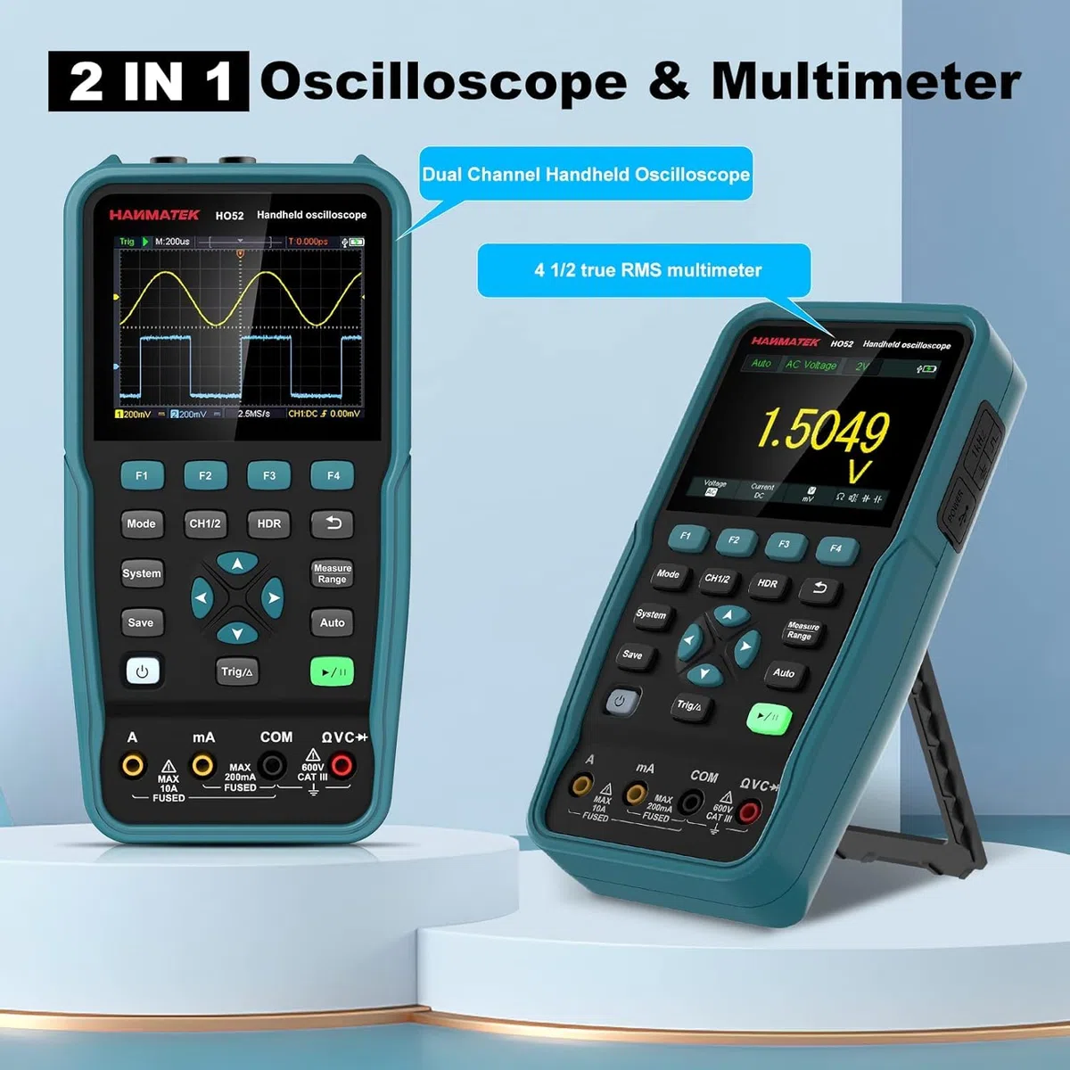 Digitales Oszilloskop,HANMATEK Handheld-Digitaloszilloskop HO52 50Mhz Bandbreite, 2 Kanal 2 in 1 Oszilloskop und Multimeter Mini-Oszilloskop