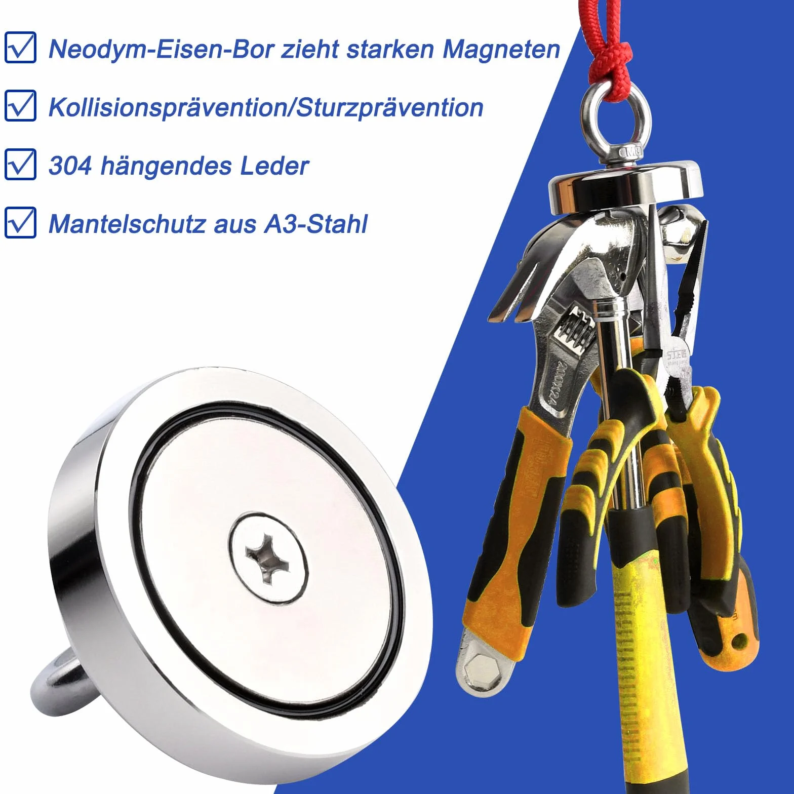 Neodym Magnete Extra Stark Magnetfischen 45kg,32MM Magnete Stark Groß,Magnetfischen mit Heberinge und Schrauben, 2 Stück Starker Angelmagnet mit Loch für Camping Industrie Magneten Zuhause Werkstatt