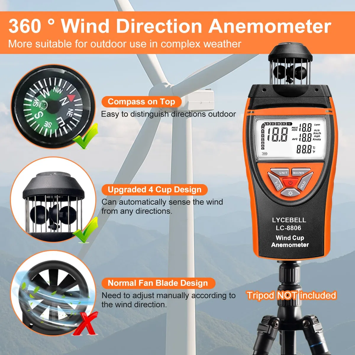 8806 Wind Cup Anemometer – Präzises Windmesser Windmessgerät mit Temperaturmessung für Industrie, Outdoor & HVAC | Windgeschwindigkeit 0,7-42 m/s, Hintergrundbeleuchtung, Stativgewinde