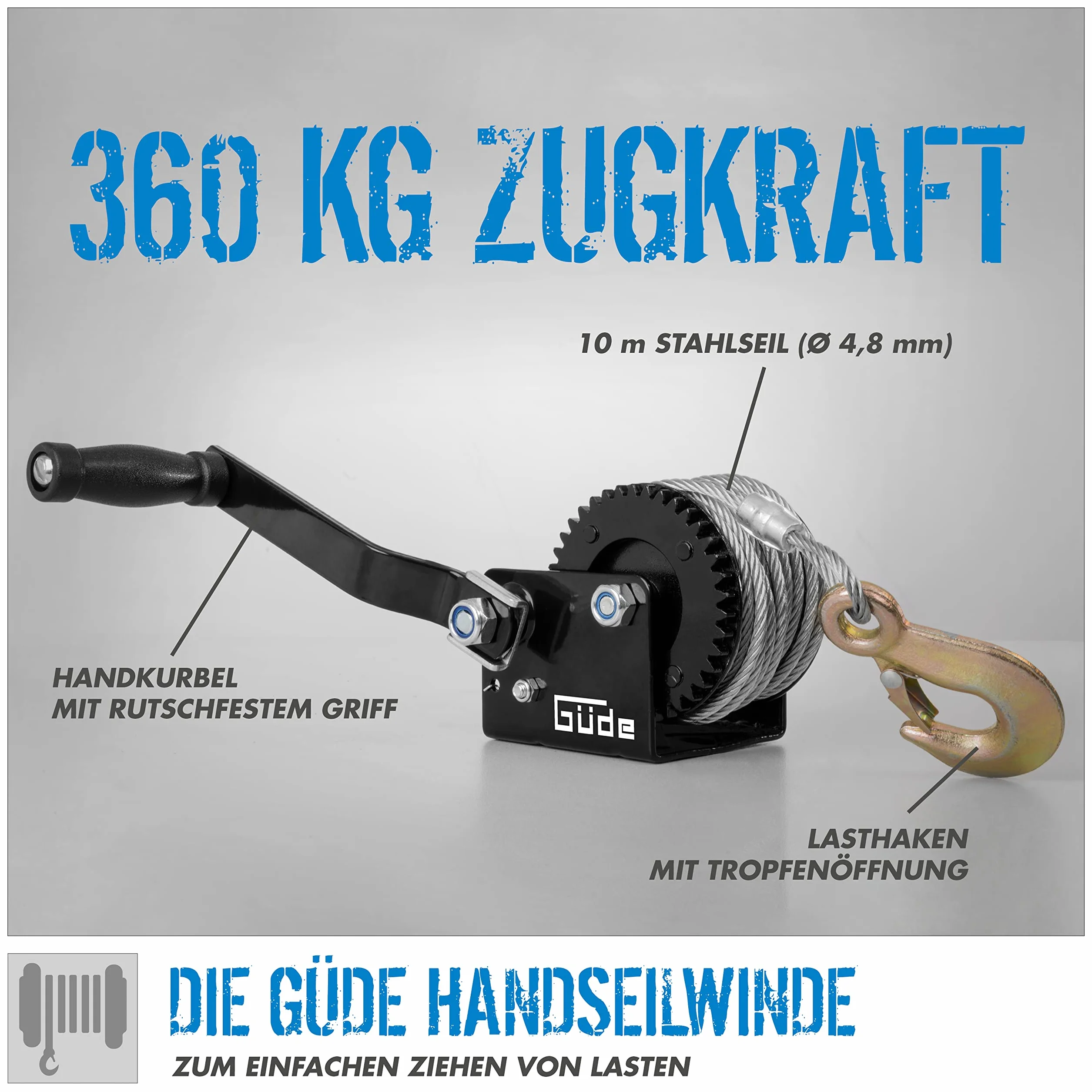 Güde Seilwinde 360 kg 10 m (max. Zugkraft 360 kg, 10 m Stahlseil, zum horizontalen Ziehen von Lasten, Lasthaken mit Tropfenöffnung, Sperrhebel, Handkurbel mit Softgriff)