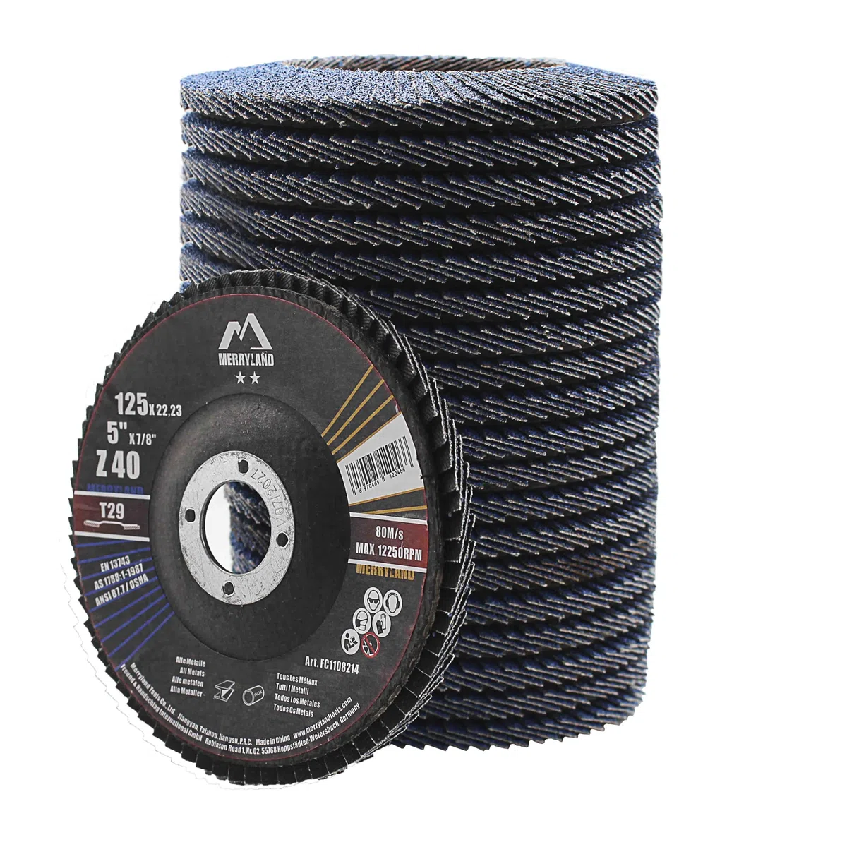 Merryland Fächerscheibe 125 Metall Edelstahl Stahl für Winkelschleifer, 125mm 40K T29 Lamellenscheibe Zirkonkorund Blau Schleifmopteller 20 Stück, Craft-Line FC1108214-20