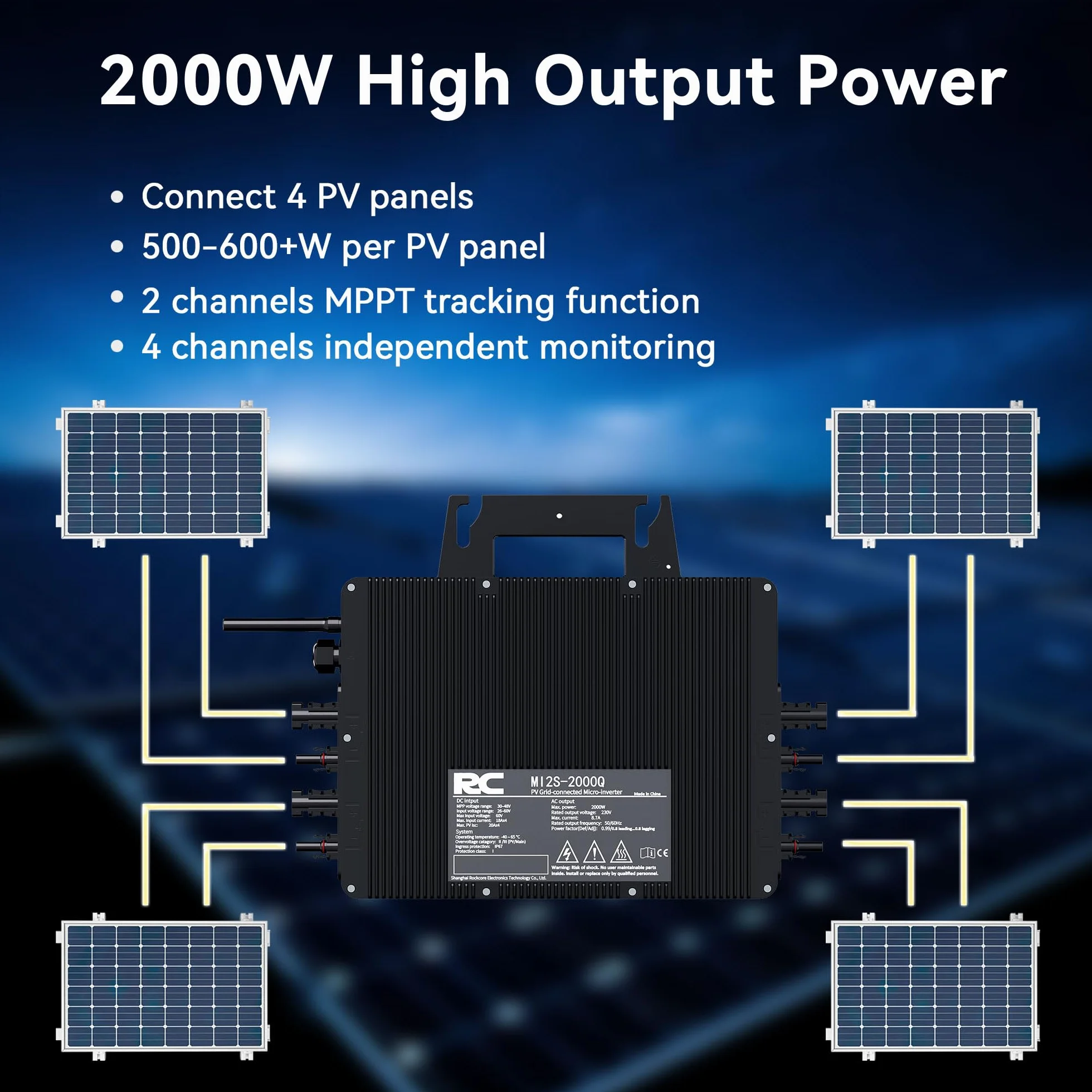 RC Mikrowechselrichter 2000W für Balkonkraftwerk, 26-60V DC Eingang pro Kanal, 99.8% MPPT Inverter, unterstützt WiFi, App Fernüberwachung, IP67, 0% Mehrwertsteuer