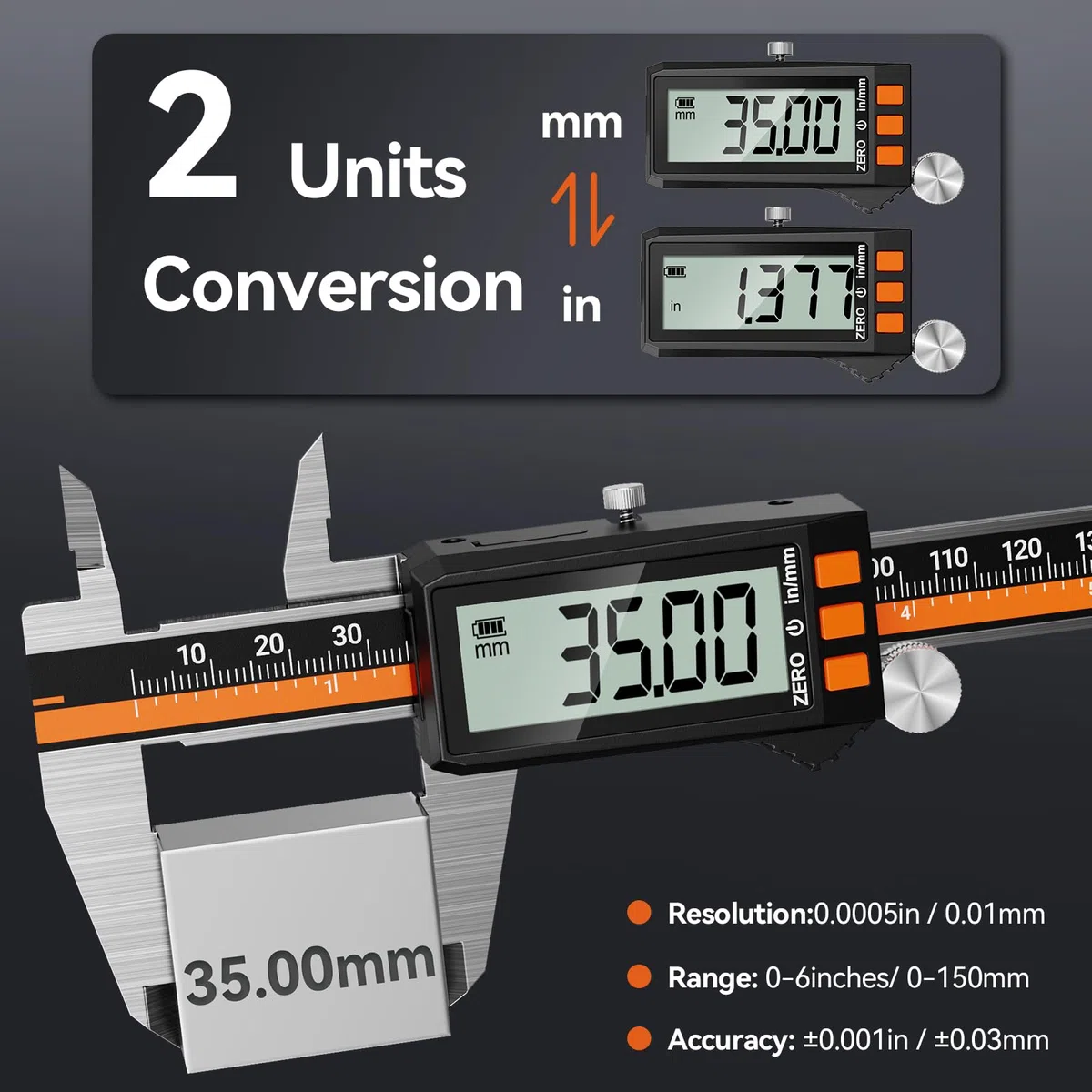 Preciva Digitale Messschieber, Schieblehre 0-150mm/0-6 Zoll Messlehre mit LCD-Anzeige Type-C Aufladbar Messwerkzeuge (Schwarz mit Orange)