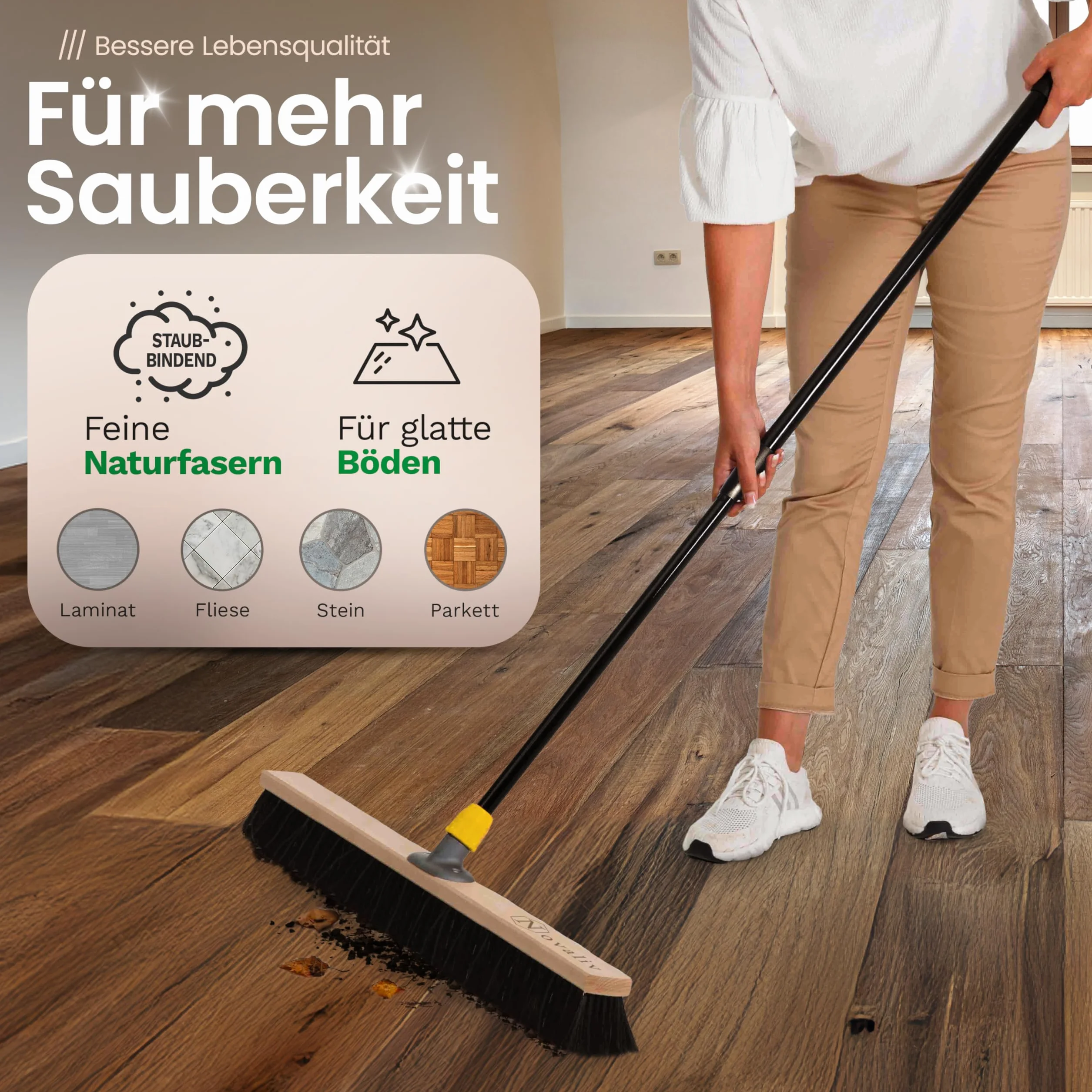 Novaliv Saalbesen mit Rosshaarmischung I 60cm mit Teleskopstiel I weiche Borsten Kehrbesen Hofbesen Feinstaubbesen