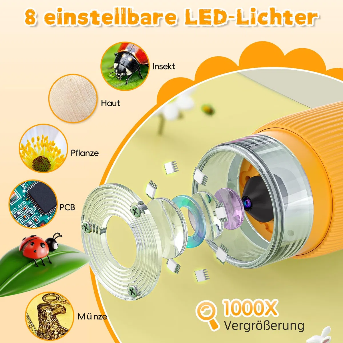 Mikroskop für Kinder, Ahalfcit Digitales Mikroskop mit 2-Zoll-Bildschirm - 1000X Zoom Tragbares Mikroskop, Wissenschaftliches Bildungsspielzeug Geschenk für 3-12 Jahre alte Kinder-ORANGE
