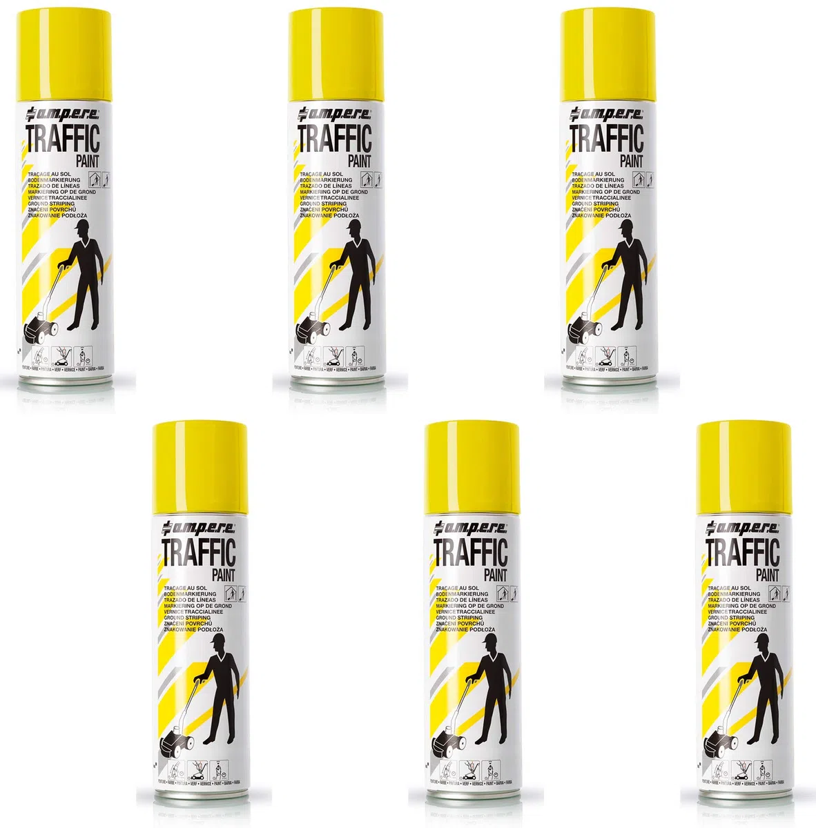 UvV Bodenmarkierung Farben zur perfekten Markierung im Lager, Parkplatz, Parkhaus, Industrie - passend für Ampere Markierwagen (6 Dosen je 500 ml gelb)