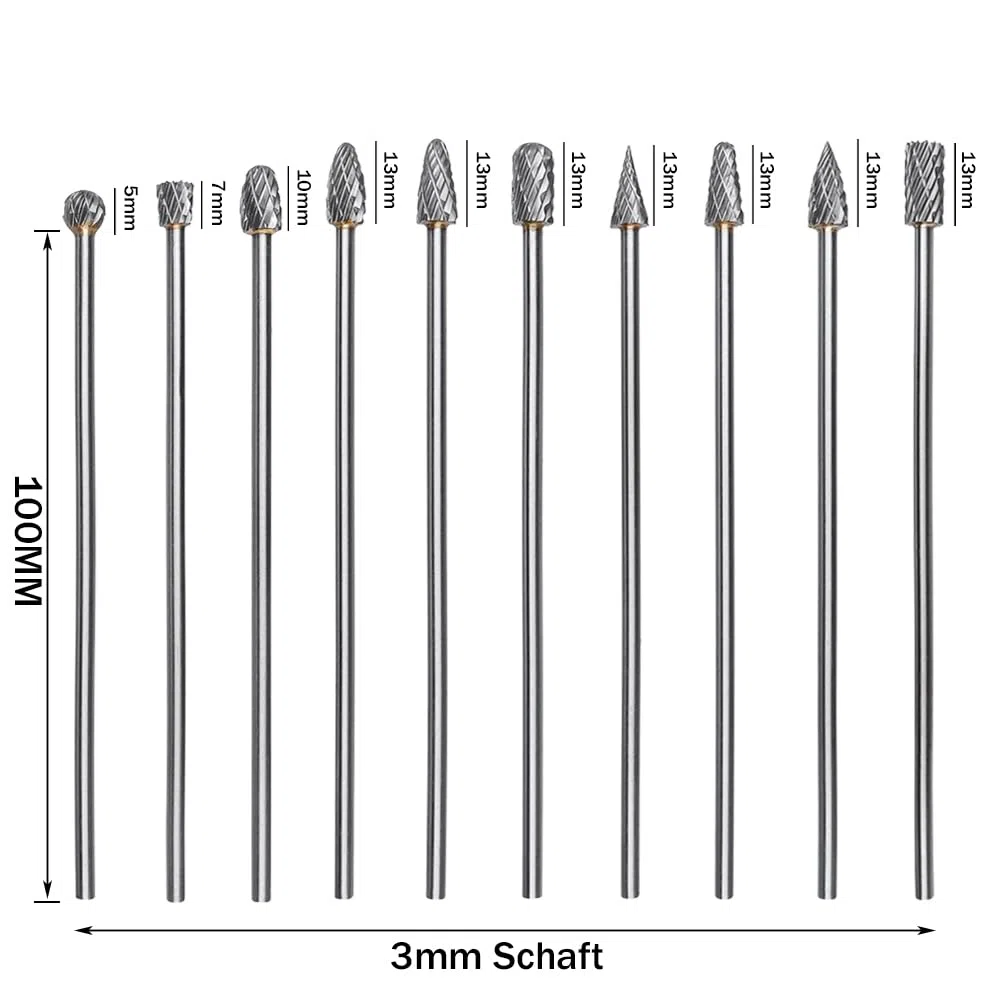 Treki 10 Stück 100mm Lang Hartmetall Frässtifte mit 3mm Schaft Wolframcarbid Fräser Fräsaufsatz für Akkuschrauber, Lang Hartmetallfräser Metallfräser Holzschnitzerei Bohrer Set für Holzarbeitung
