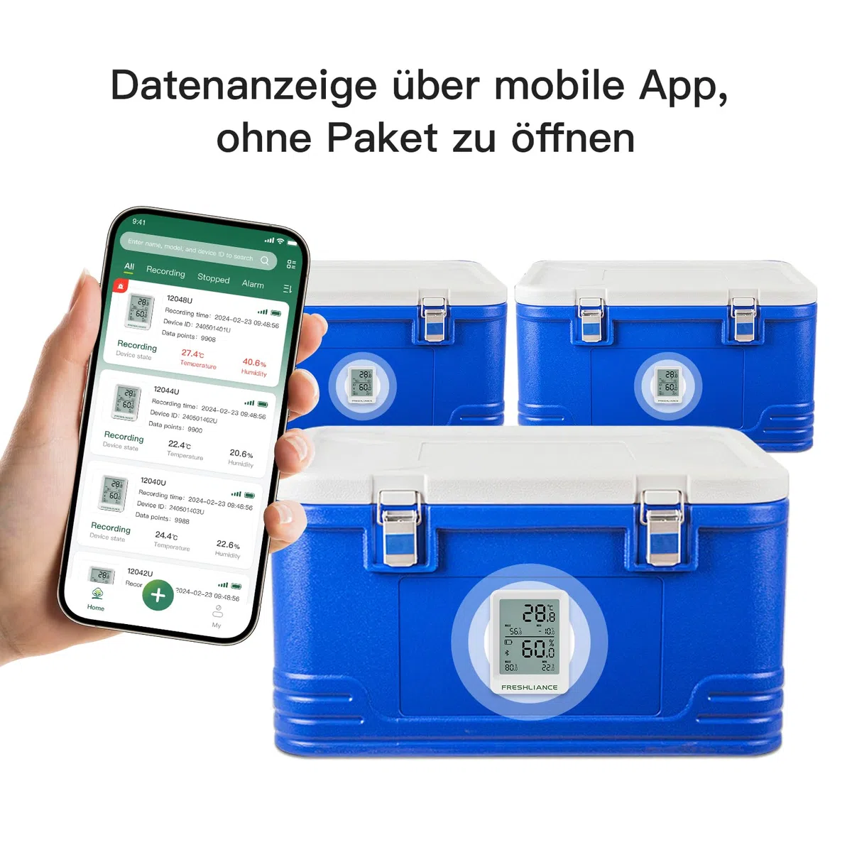 Freshliance Bluetooth Temperatur- und Luftfeuchtigkeits-Datenlogger, Kühlschrank Gefrierschrank Thermometer Hygrometer, Digitaler Fern-Temperatur- und Feuchtigkeitsmonitor mit Smart-App-Datenanalyse