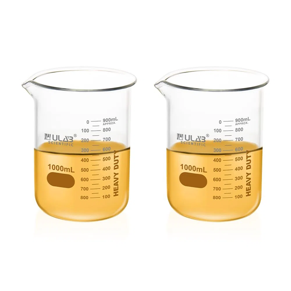 ULAB Scientific Glass Beaker Set, Vol. 1000ml, 3.3 Borosilicate Griffin Low Form with Printed Graduation, Pack of 2, UBG1017