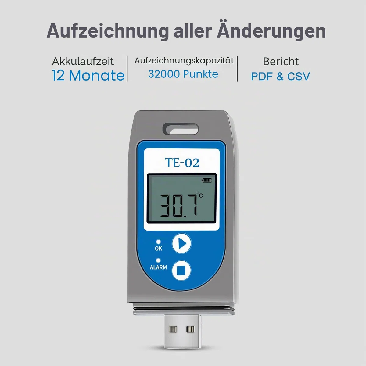 ThermElc TE-02 USB-Temperatur-Datenlogger-Recorder, 32000 Punkte, hohe Genauigkeit, Industrie temperatur Datenlogger, LCD-Bildschirm, Erzeugung von PDF&CSV