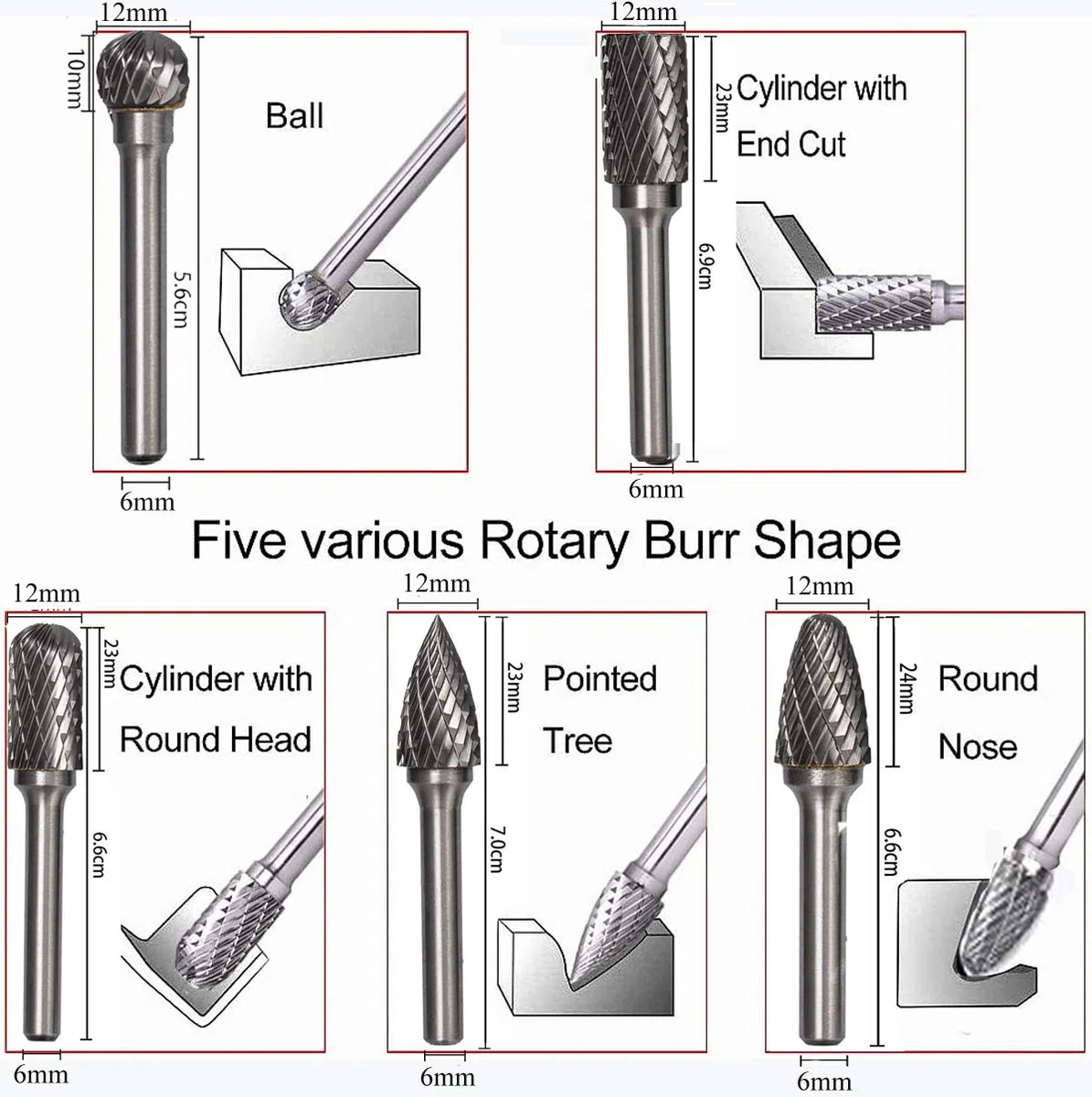 5 Stück Hartmetall Frässtifte Set, 6mm Schaft 10mm Frässtifte, Raspel Set für Bohrmaschine Polieren, Gravieren, Bohren Tools et