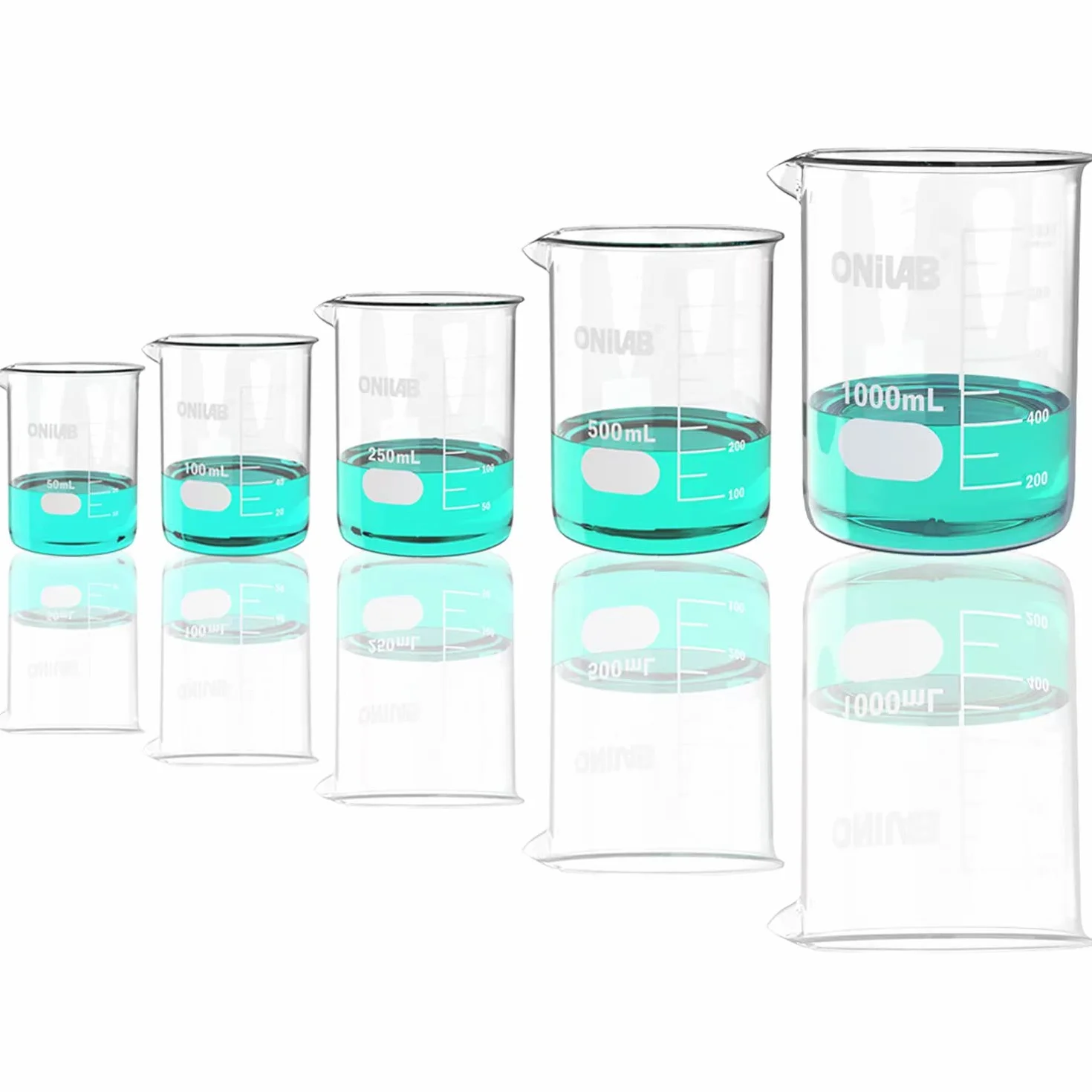 ONiLAB Glasmessbecher-Set 50 ml 100 ml 250 ml 500 ml 1000 ml (5er-Pack) 3.3 Boro Griffin Low Form mit bedruckter Graduierung Wissenschaftliche Glaswaren für Labore, Klassenzimmer oder den Heimgebrauch
