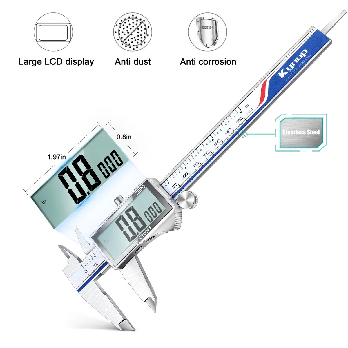 Kynup Digitaler Messschieber mit LCD-Bildschirm, 150mm Digitale Schieblehre Edelstahl, Spritzwassergeschützt, Millimeter/Zoll/Fraktion Umwandlung, Metall Messschieber Digital, Großer Vollbild