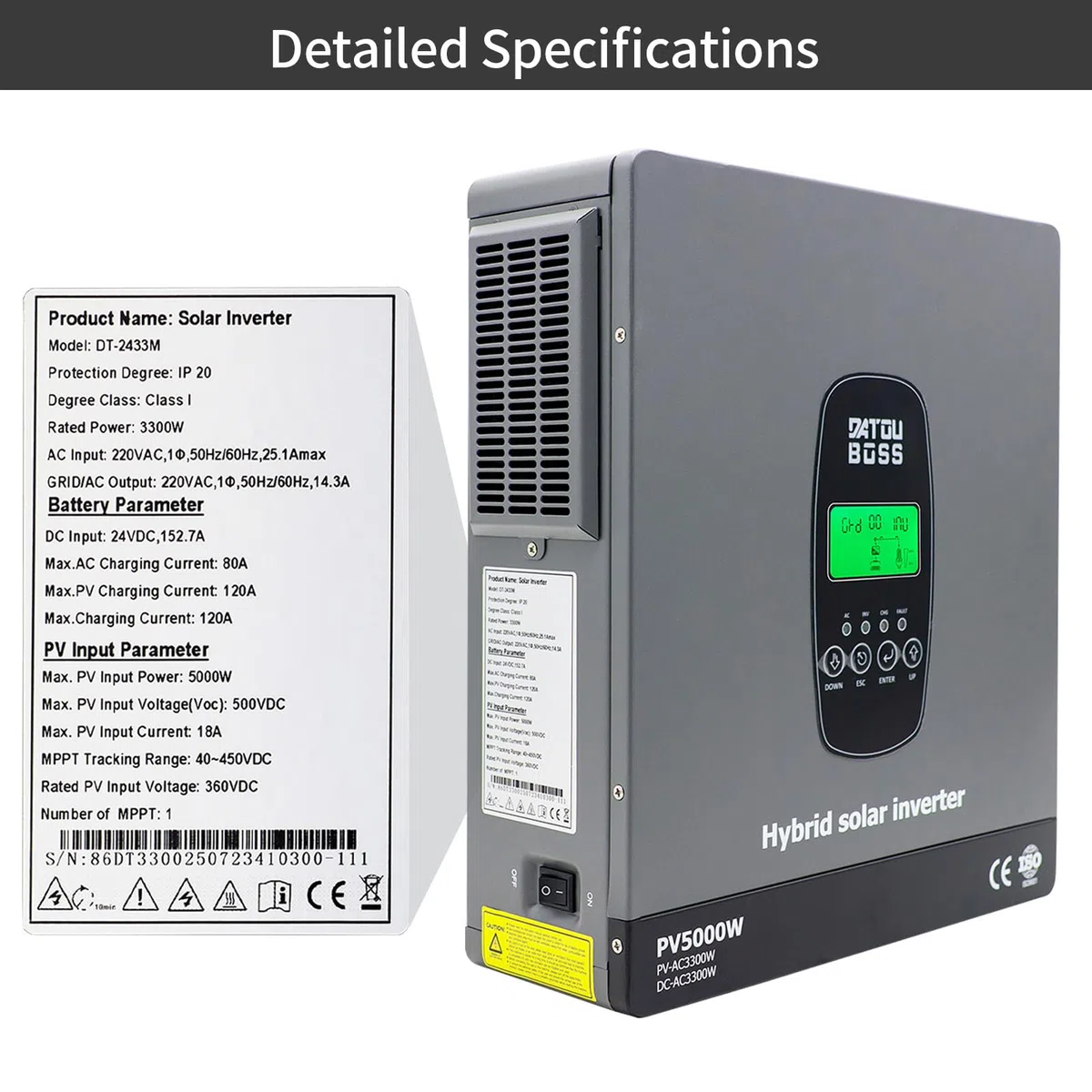 DATOUBOSS 3300W 24V Hybrid Wechselrichter Reiner Sinus, 120A MPPT 5000W PV, 24V auf 230V, Off-Grid Solar Inverter, BMS kompatibel, für Blei- & Lithium-Batterien