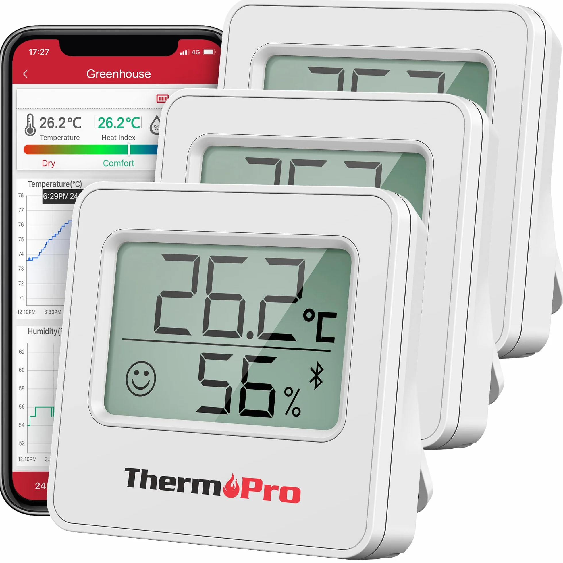 TempPro Bluetooth 80m Thermometer Hygrometer Digitales Raumthermometer mit App-Steuerung, Temperatur -Luftfeuchtigkeitsmessung ±0,5°C, Komfortanzeige & Alarm für Zuhause Büro 3 Stücke