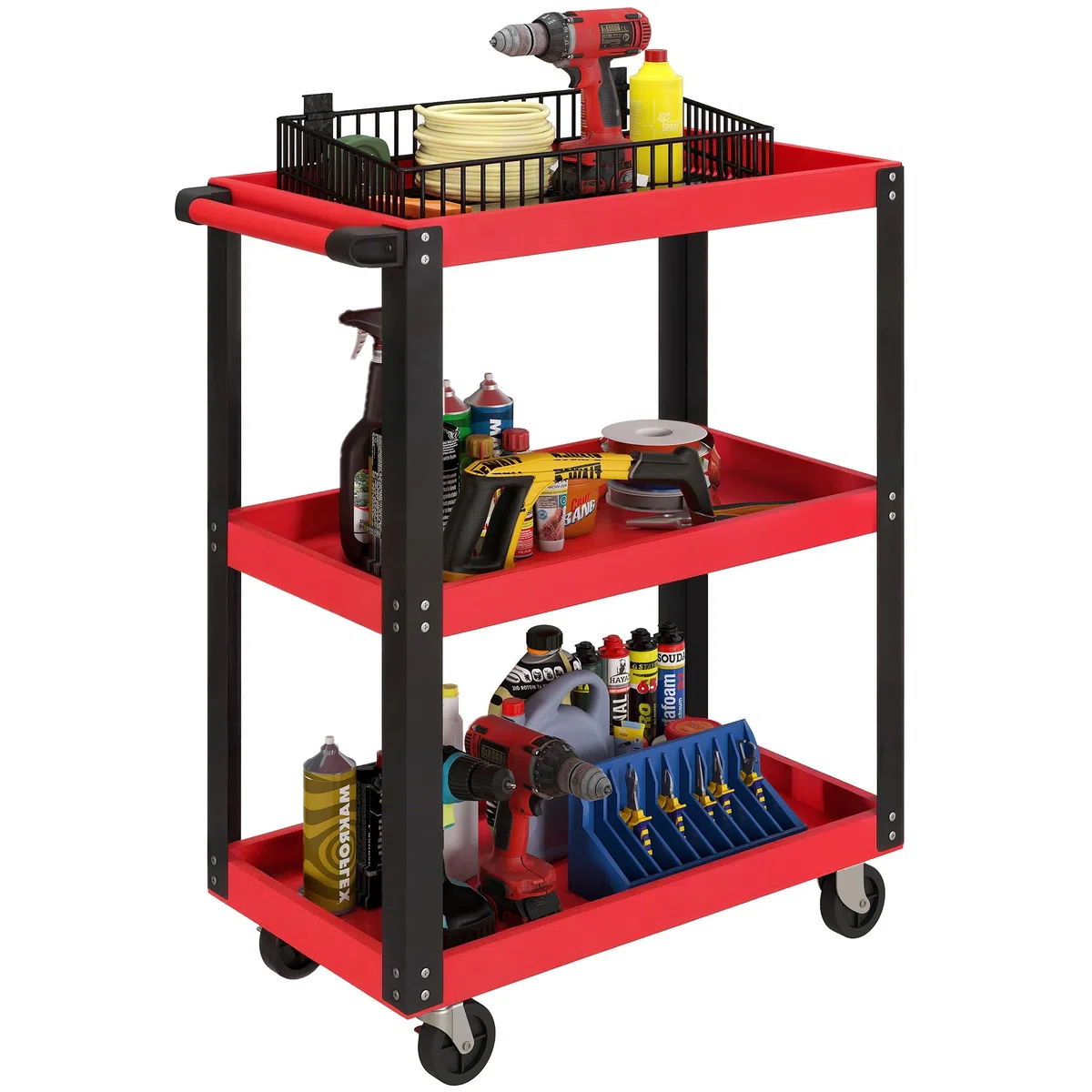HOMCOM Werkstattwagen mit 3 Etagen, Werkzeugwagen leer, Transportwagen mit seitlicher Griff, 4 Rollen, bis 120 kg Tragkraft, Metall, 70,5 x 35 x 82,5 cm, Rot