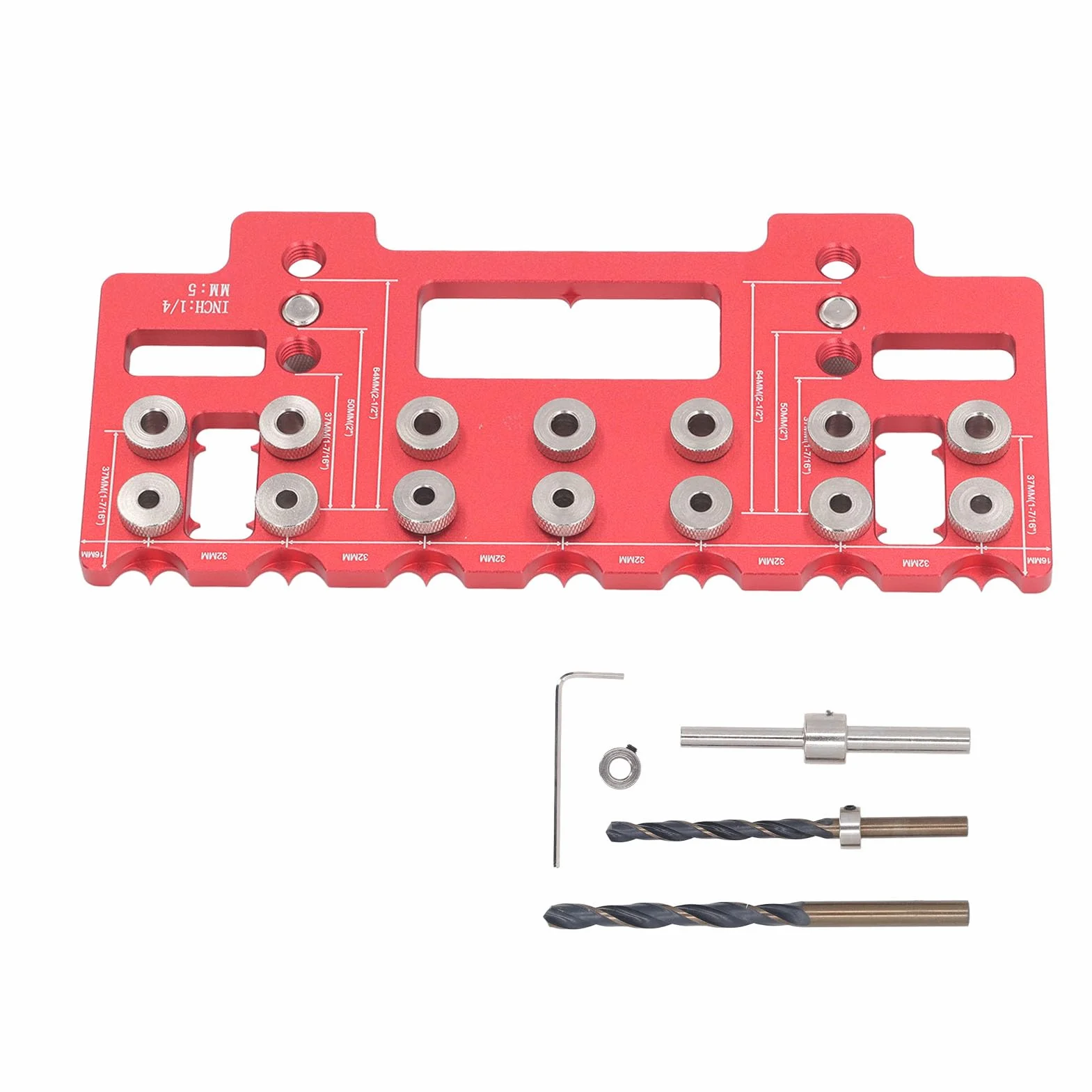 Rengue Verdeckte Schrankscharnierlehre, 32 Mm Abstand Aluminium-Schranktürscharniergriff-Lochbohrlehre mit 5 Mm/1/4 Zoll Bohrhülsen für Holzbearbeitungswerkzeuge