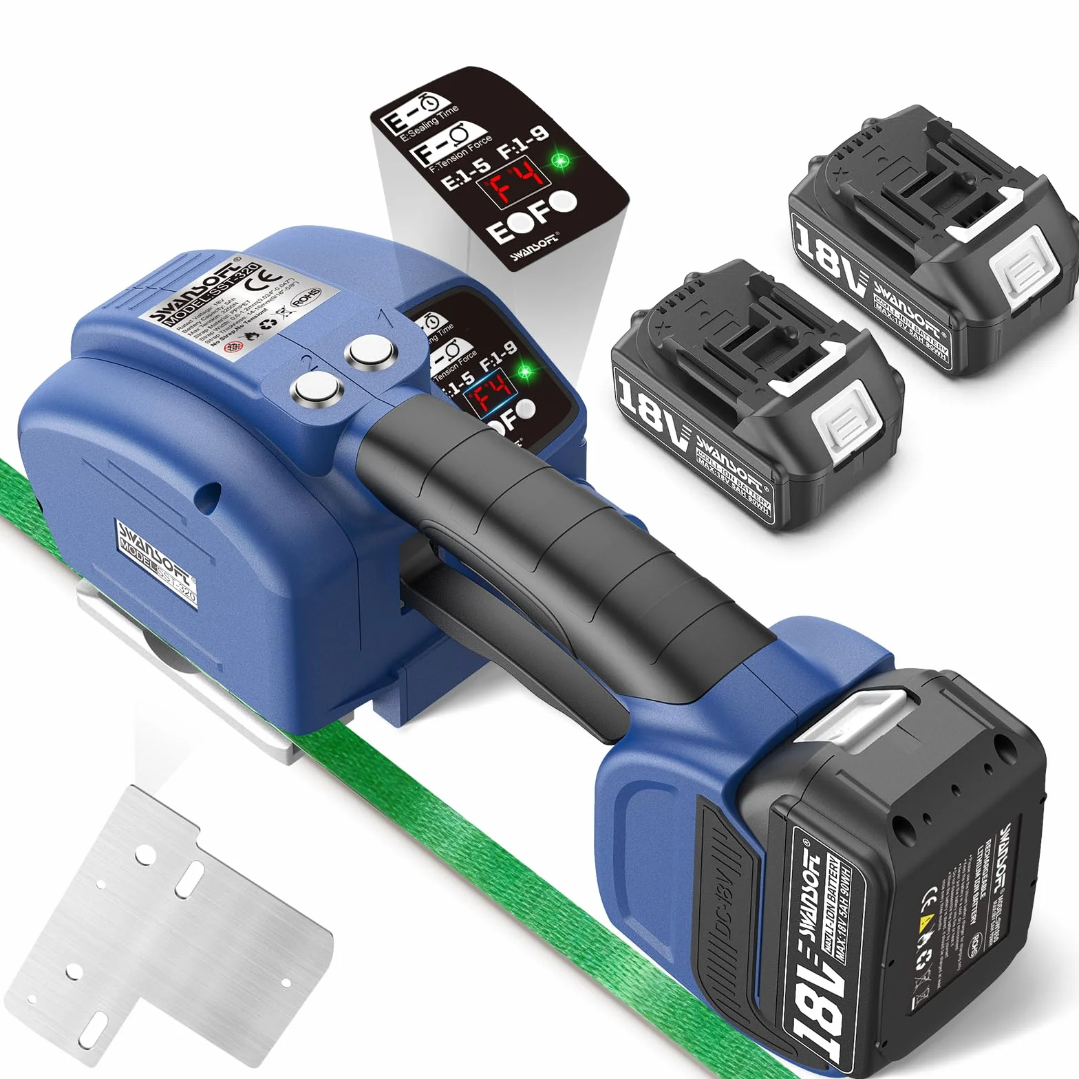 SWANSOFT Elektro-Umreifungsgerät für 14-16 mm PP-/PET-Band mit Digitaldisplay, 2 x 5000 mAh Akku, automatisches Packwerkzeug für Kartons und Paletten