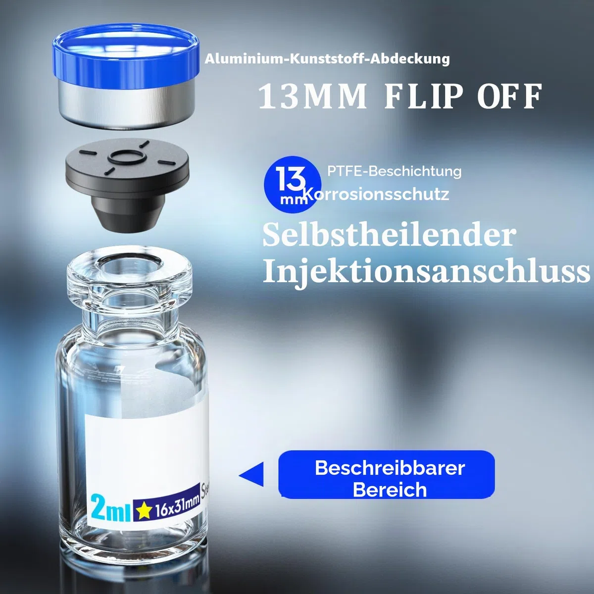 Ks-Tek Sterile leere Ampullen mit selbstheilendem Einspritzanschluss, mit Aluminium-Kunststoffkappe, steriles Paket (2 ml klar, 10)