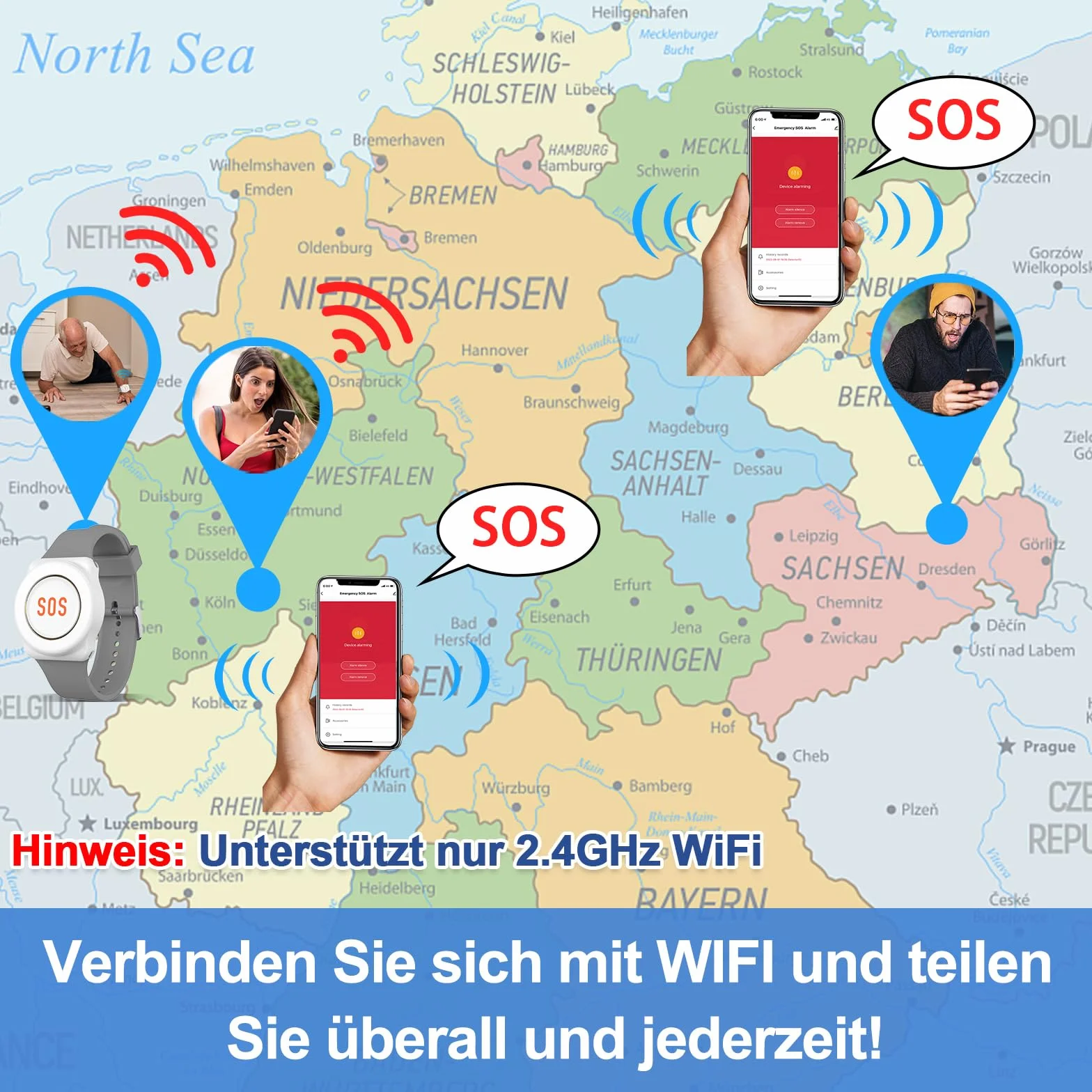 DAYTECH Notrufknopf für Senioren auf Handy, WiFi Tuya Smart Senioren Notfallknopf Alert System, Hausnotruf für ältere Patienten Behinderte,Kinder SOS Notruf(2 Schwarze Empfänger+1 Armband+2 Tasten)