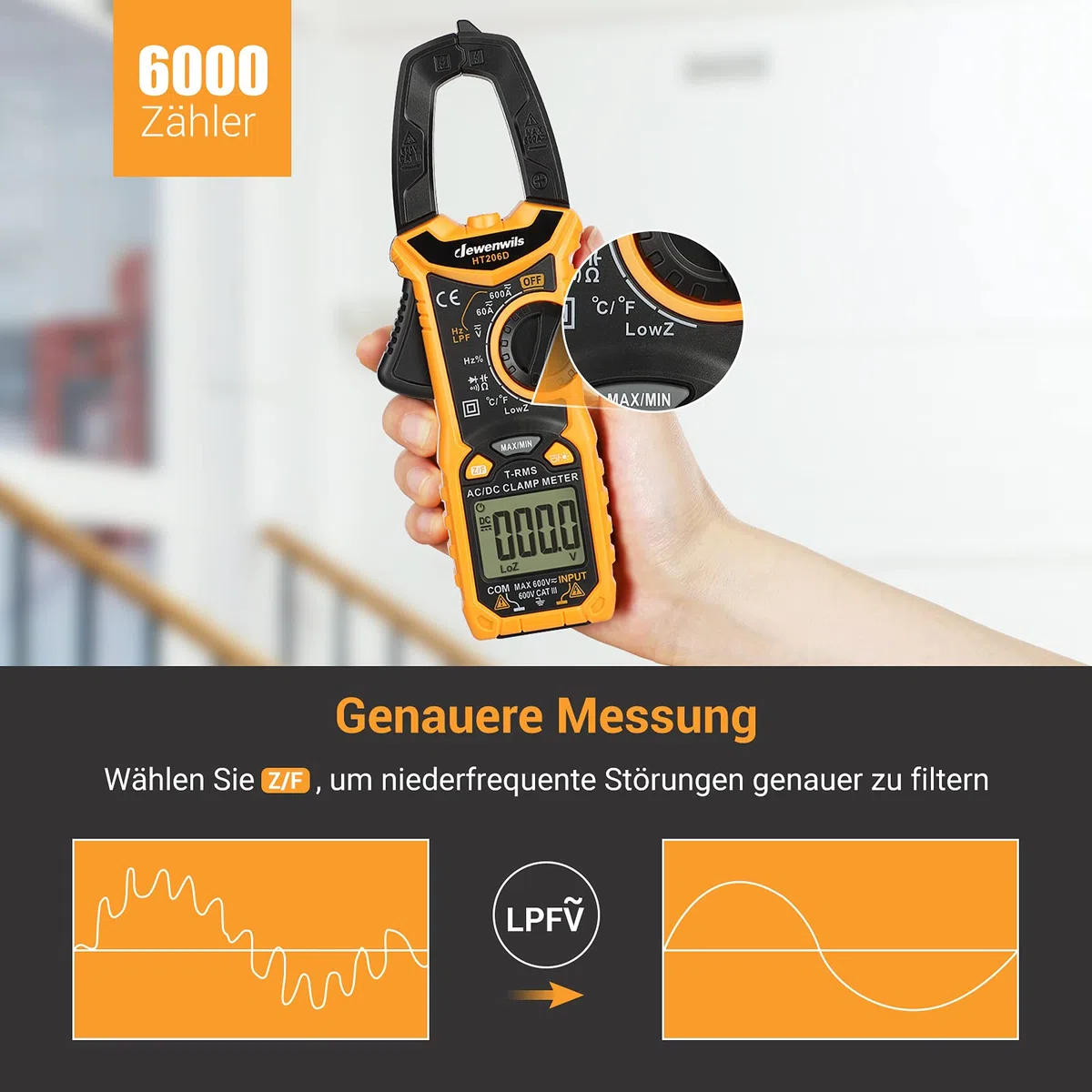 DEWENWILS Stromzange, 6000 Counts Strommesszange 600A AC/DC, Amperezange True RMS CAT III 600 V Auto-Ranging NCV, für AC/DC Spannung/Strom/Widerstand/Kapazitanz/Temperatur Messung