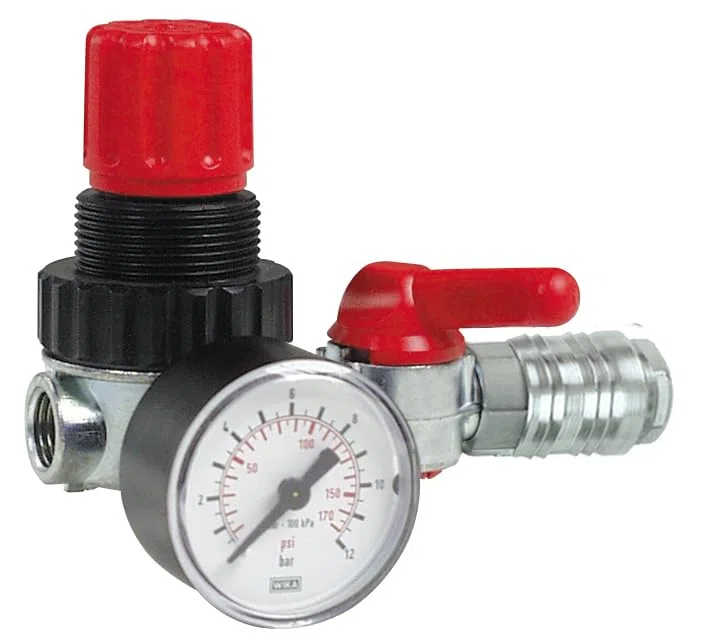 FIAC Druckregler, Manometer und Leitungshahn, Anschlüsse 1/4 Zoll F-Universal, Press. Max 12 Bar, Durchfluss 180 l/min