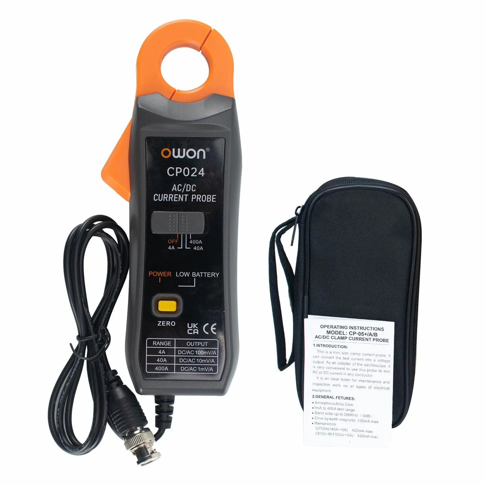 OWON CP024 AC/DC-Stromzangentastkopf für Oszilloskop, Stromtester-Zangenmessgerät, 200 kHz Bandbreite, 1 mV/10 mA, 400 A relative Nullpunktkorrektur mit BNC-Anschluss