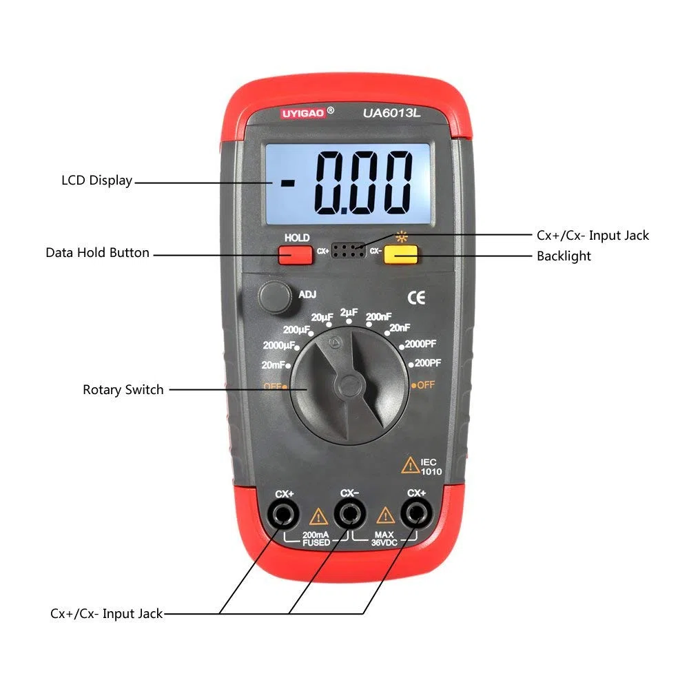 UYIGAO UA6013L Tragbarer digitaler LCD -Kondensator Digitaler Kapazitätsmesser -Kapazitätsmesser -Tester -Kondensator Tester mit LCD -Hintergrundbeleuchtung für