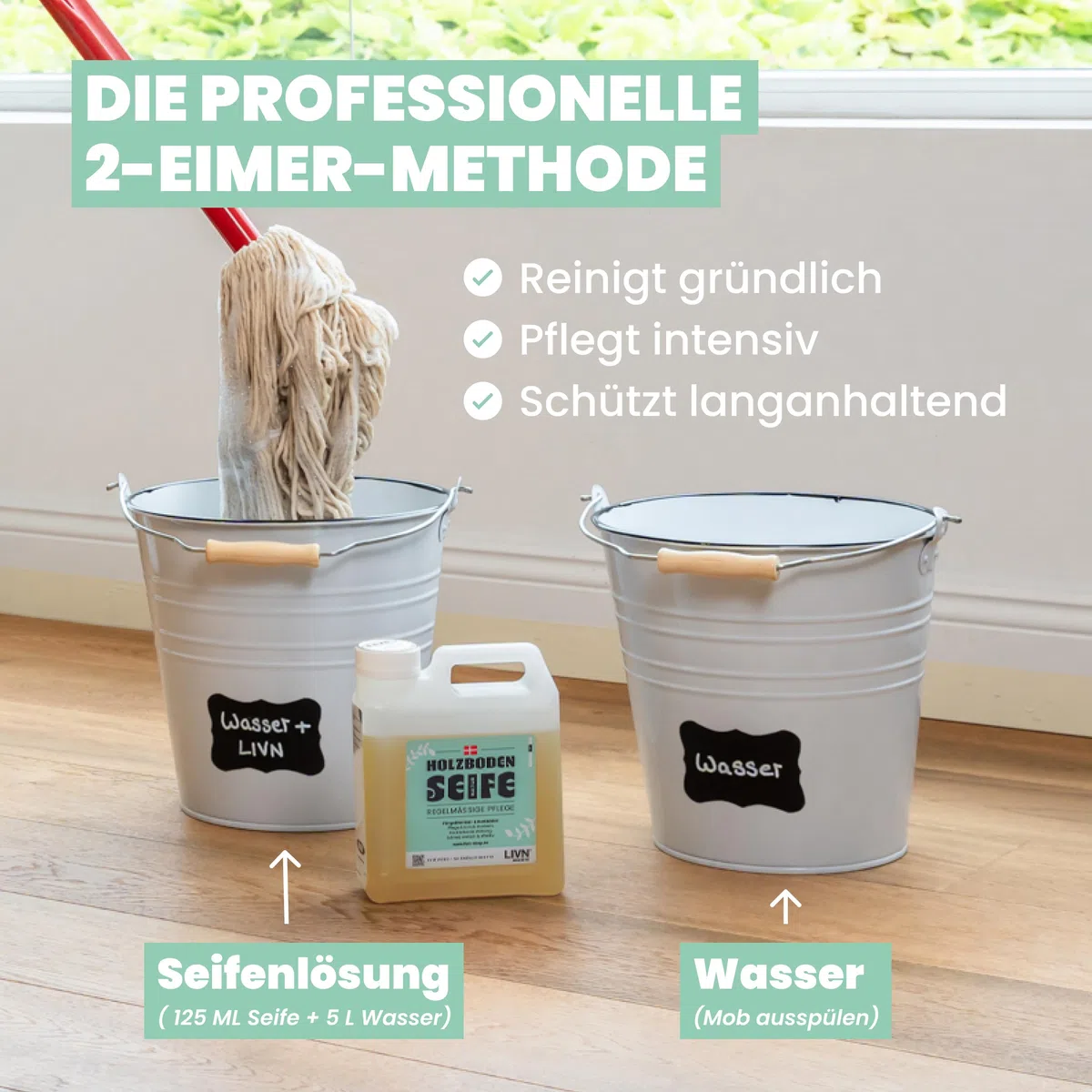 LIVN Holzbodenseife Natur 2,5L | Rückfettende Pflege & Reinigung, Für geölte Holz- & Korkböden, 200-400m² Ergiebigkeit, Made in Denmark