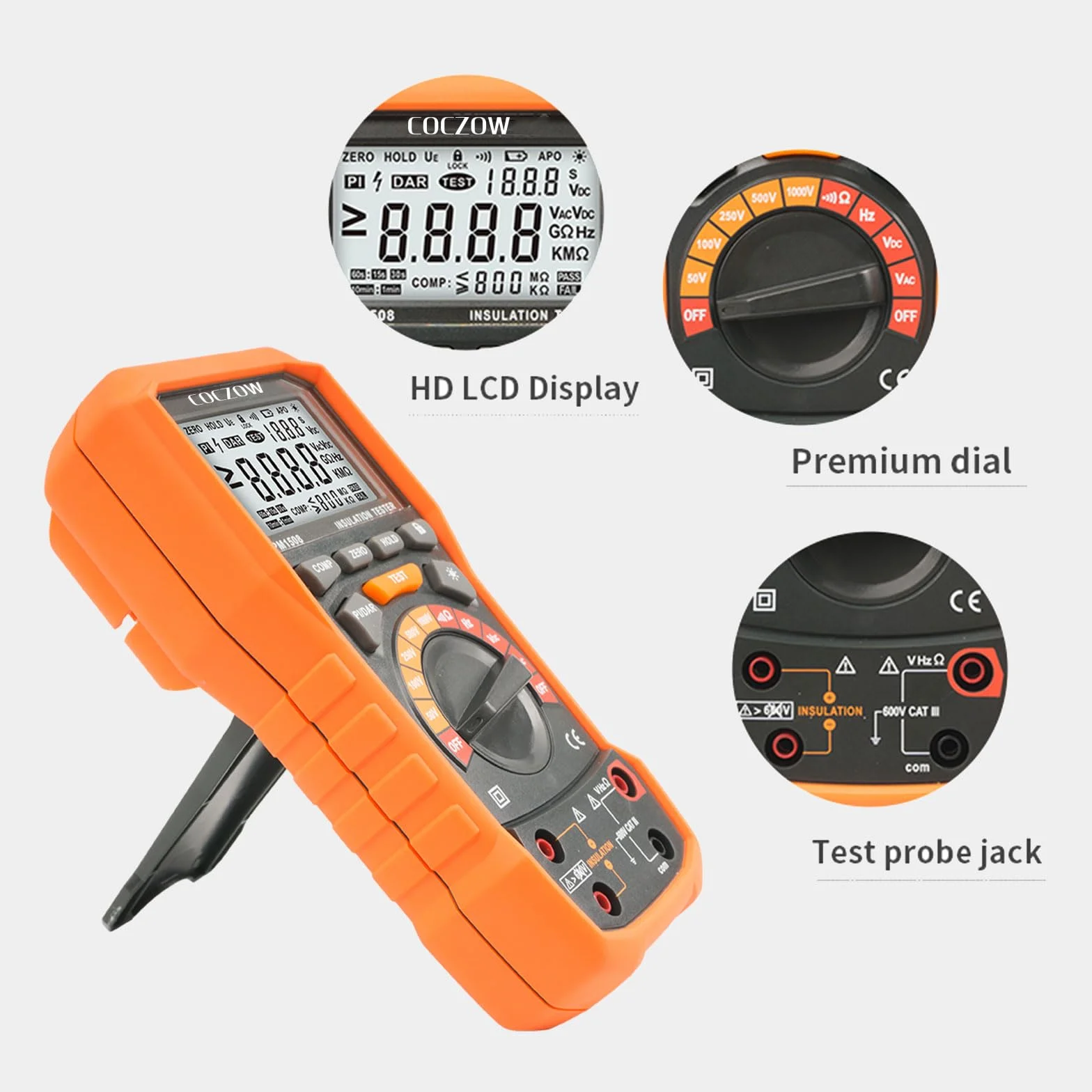 Digital Megohmmeter Isolationswiderstandsprüfer 1000V AC/DC für elektrische Geräte, Isolationswiderstand bis 100 GΩ, mit PI/DAR, Frequenz- und Niederspannungsprüfung, mit LCD-Display PM1508