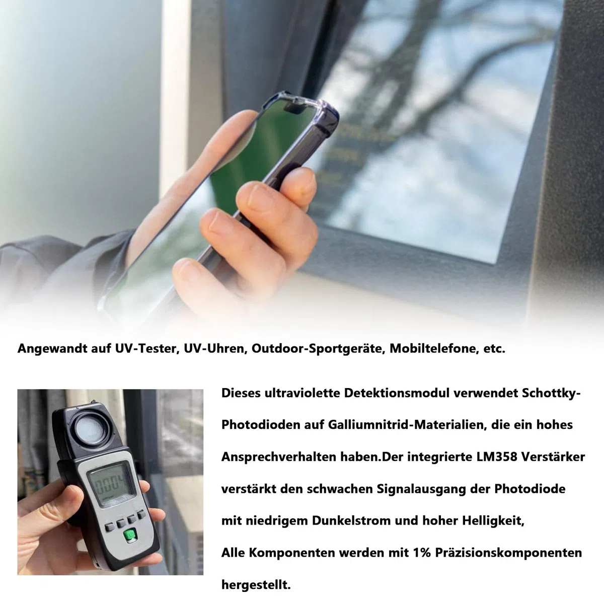 GUVA-S12SD UV-Detektor-SensorModul für ultraviolettes Licht,mit analogem Ausgang,240nm-370nm 130 Grad Großwinkelerkennung,hohe Empfindlichkeit.
