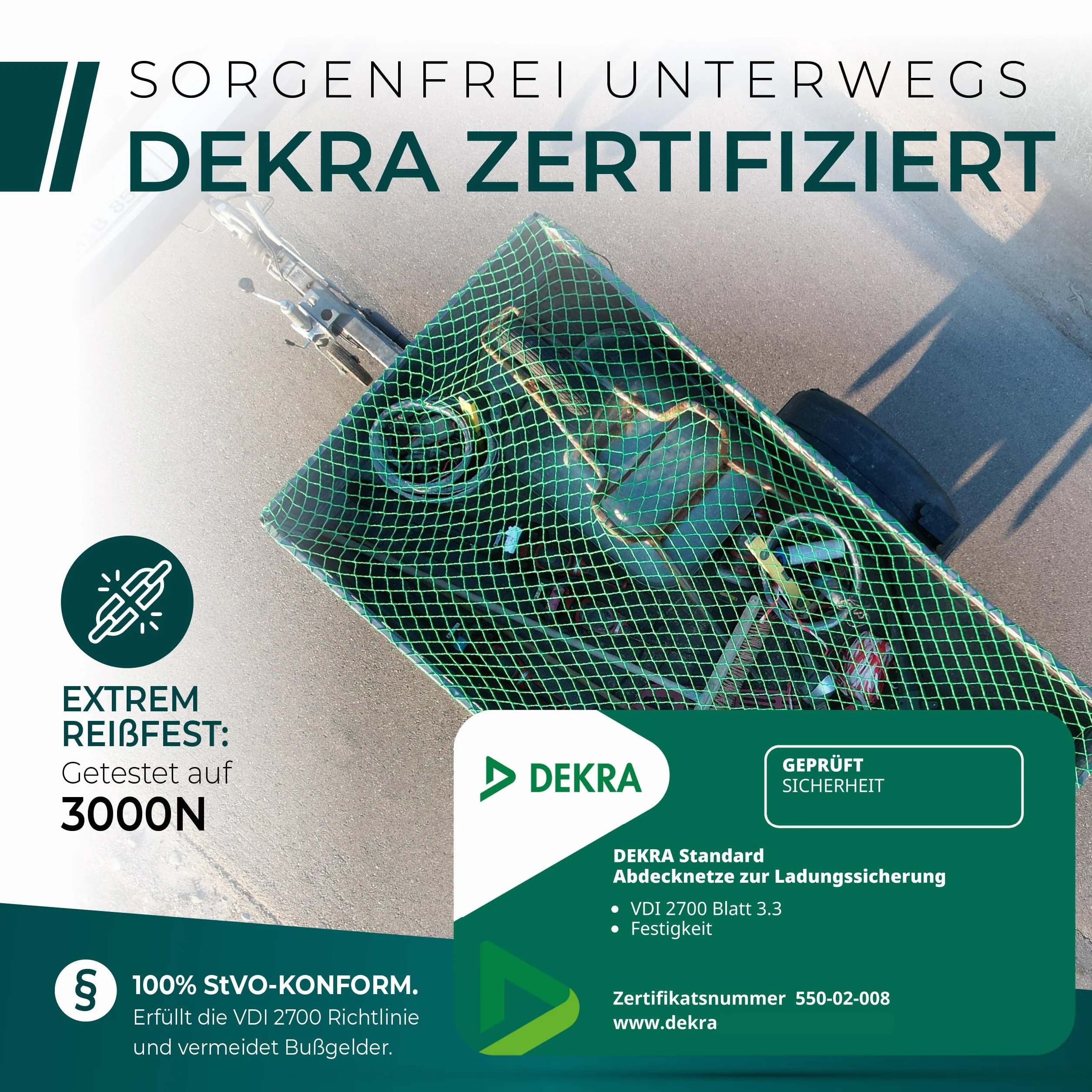 CargoVA Anhängernetz 2x3M [DEKRA Geprüft] - Ladungssicherungsnetz mit Gummiseil & Eckenmarkierung - Abdecknetz für Anhänger, Reißfest