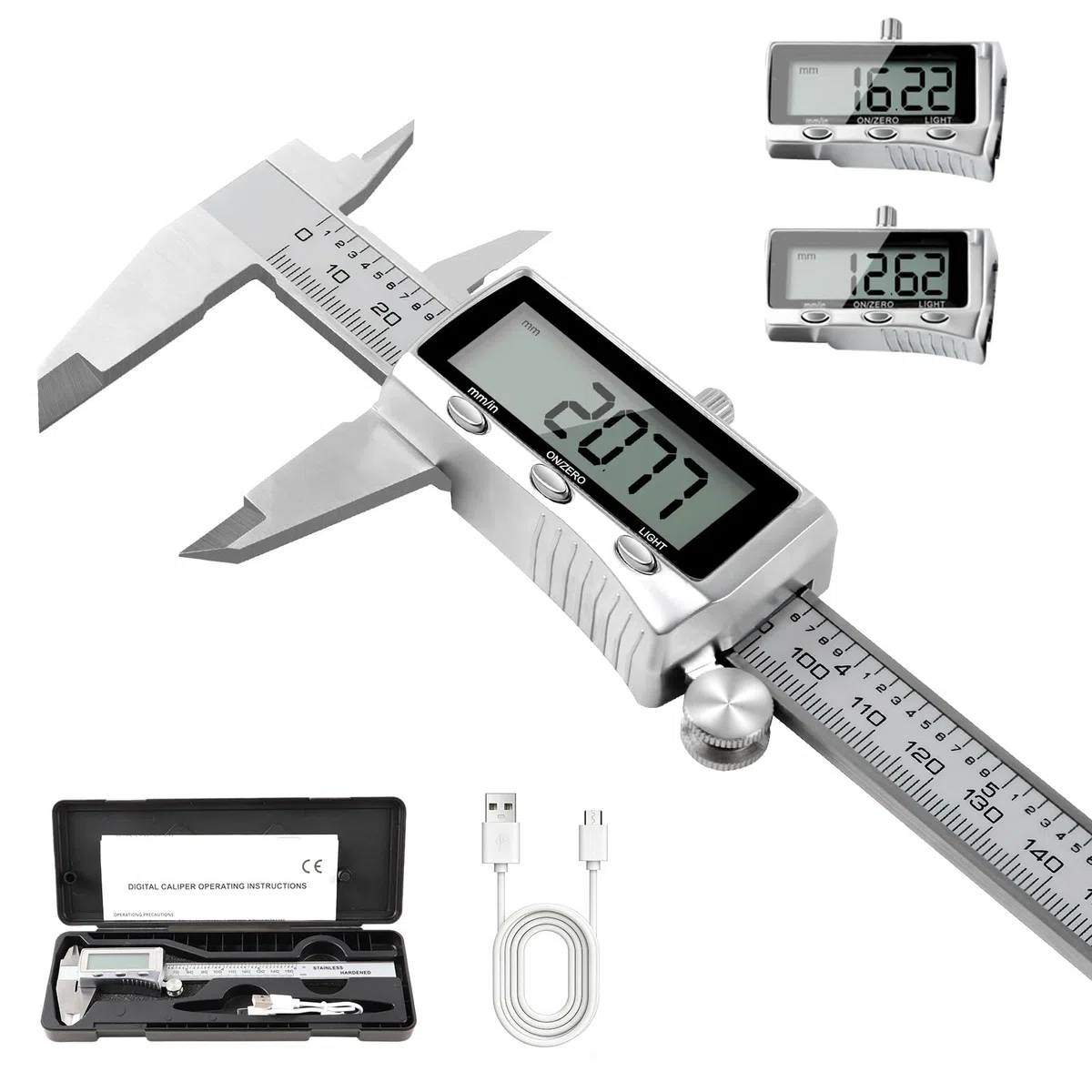 Digitaler Messschieber 150mm Edelstahl, USB-C Wiederaufladbar, IP54 Schutz, ±0,02 mm Präzision, Schieblehre mit Beleuchtetem LCD-Display, mm/Zoll