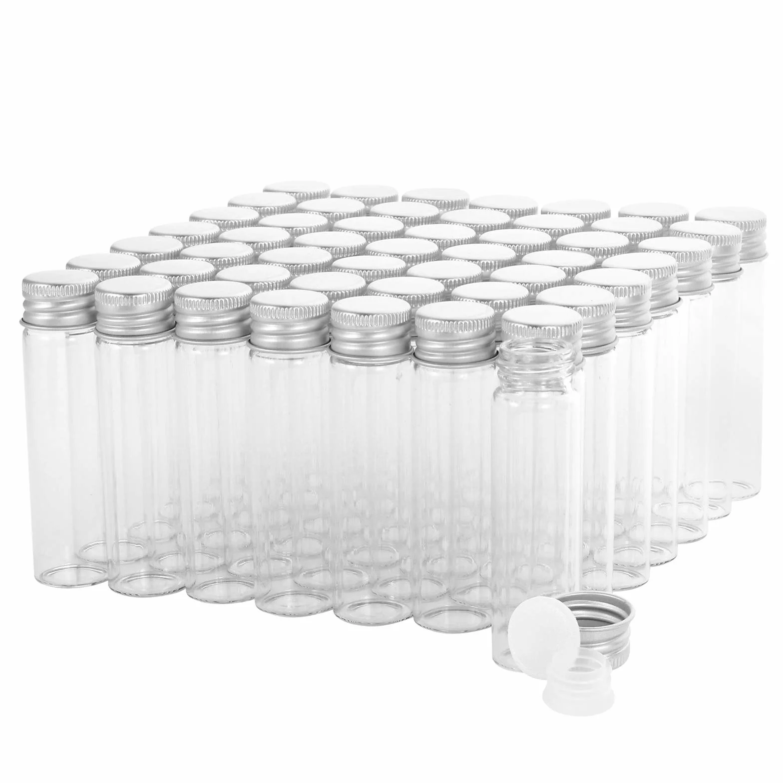 20ml Glasfläschchen mit Schraubverschluss und Kunststoffstopfen, Transparent Kleine Glasflaschen Auslaufsichere Glas Fläschchen für Flüssigkeit Pulver Proben und kleinen Gegenständen, 50 Stück