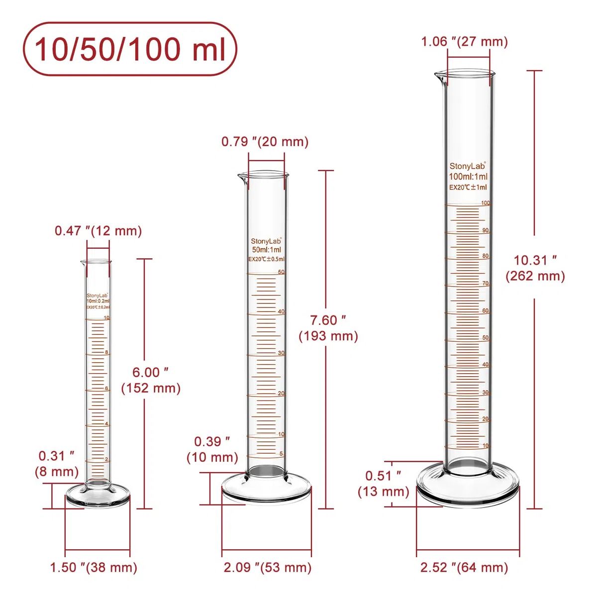 stonylab Messzylinder mit Skala, 10 ml / 50 ml / 100 ml Dickwandiges Borosilikatglas, Messzylinder Set Labor Glaswaren