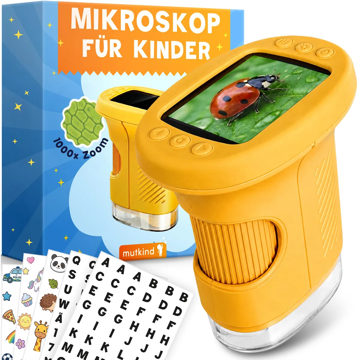 Mutkind® Digitales Mikroskop für Kinder [1000X Vergrößerung & Fotofunktion] - Tragbares Taschenmikroskop für Garten, Wald & Experimente - Kinder Mikroskop Spielzeug [HD-Bildschirm & 150+ Stickern]