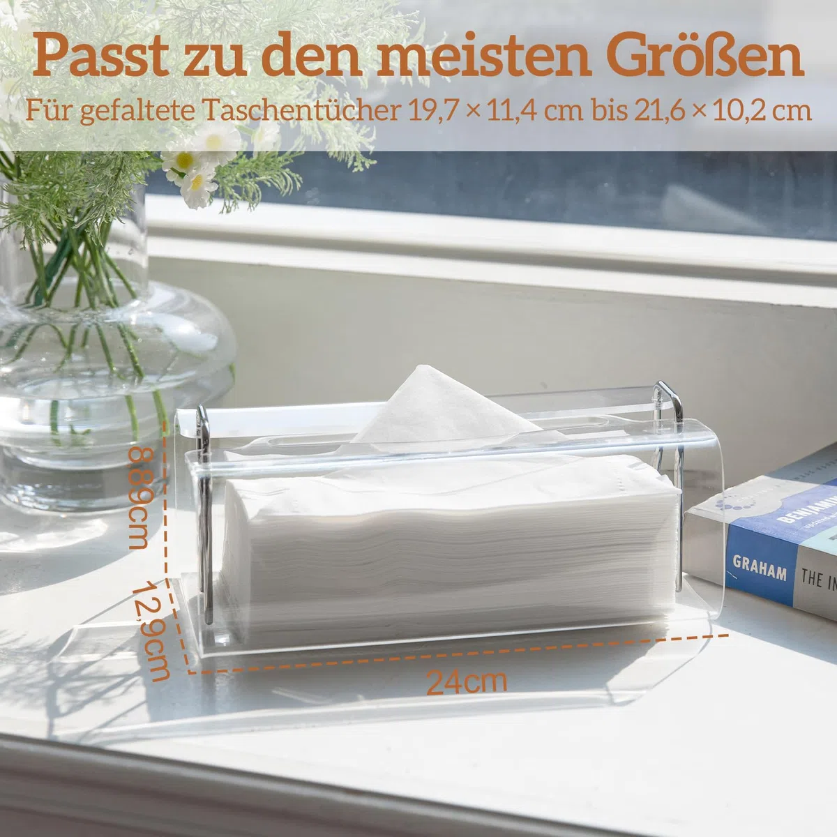 Acryl Kosmetiktücherboxen Rechteckig mit Geschwungenem Design - Dekorativer, Moderner, Kristallklarer Taschentuchspender mit Silbernen Metallakzenten für Wohn-/Büro-Deko