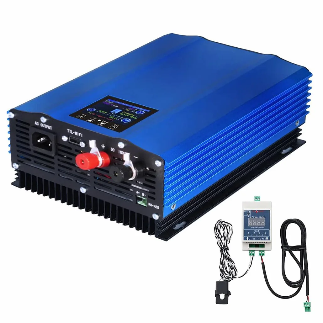 【Upgrade】 PMSUN 1000W netzgekoppelter Wechselrichter Leistungsbegrenzer LCD-Display DC26-50V Solareingang AC230V Reiner Sinusausgang für 24V 36V Solarmodul/24V Batterie,WiFi Optional