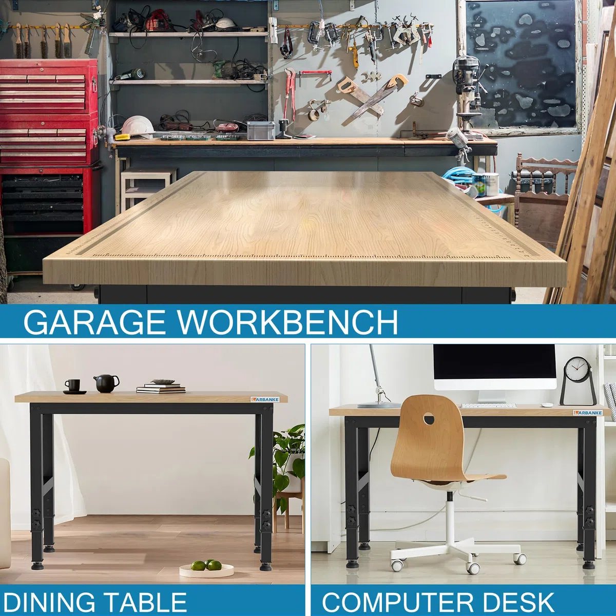 LARBANKE 120CM Verstellbare Werkbank,Werkbank aus Gummibaumholz mit Maßstäben,Höhen von 85-105cm,900KG Belastbarkeit Hartholz Arbeitstisch,Werkbänke mit Rädern und Fußpolster