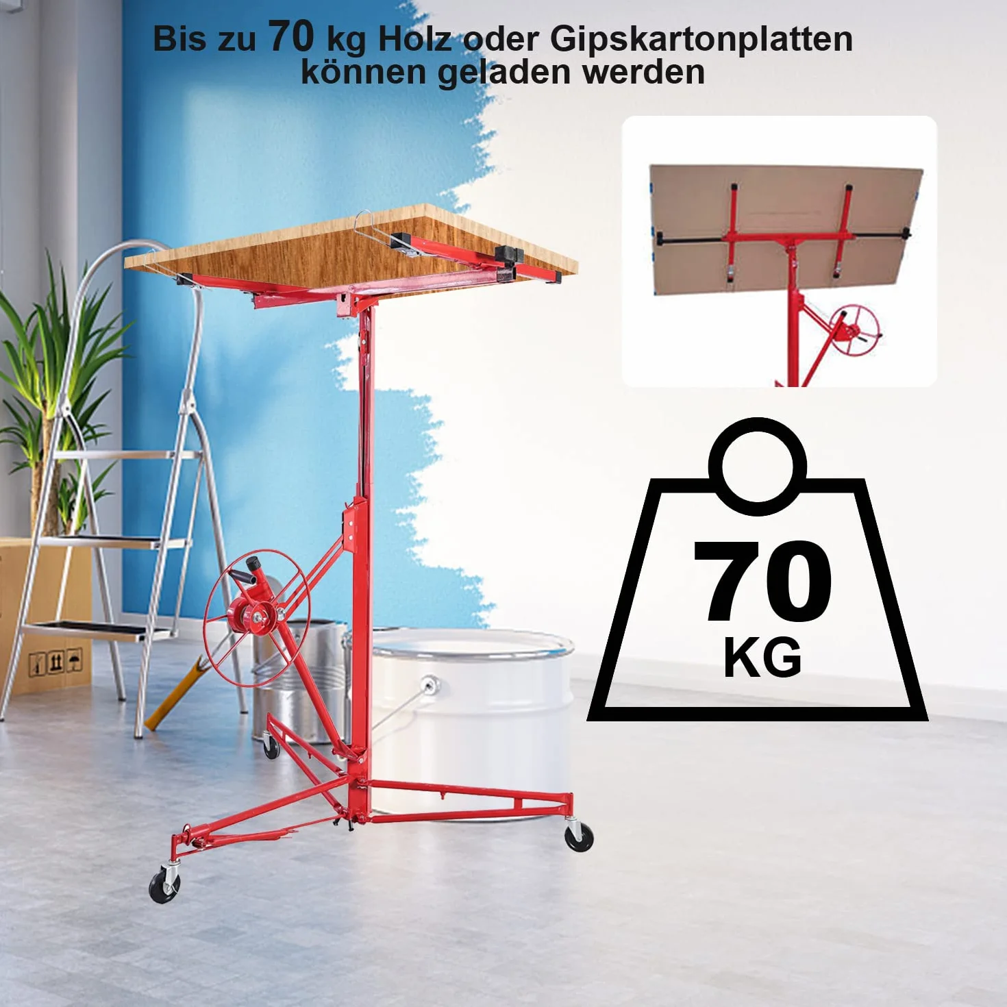 Herrselsam Plattenheber klappbar XXL 140 cm-350 cm Arbeitshöhe Höhenverstellbar 68kg Traglast max. 290 cm Lastarmbreite für Rigipsplatten