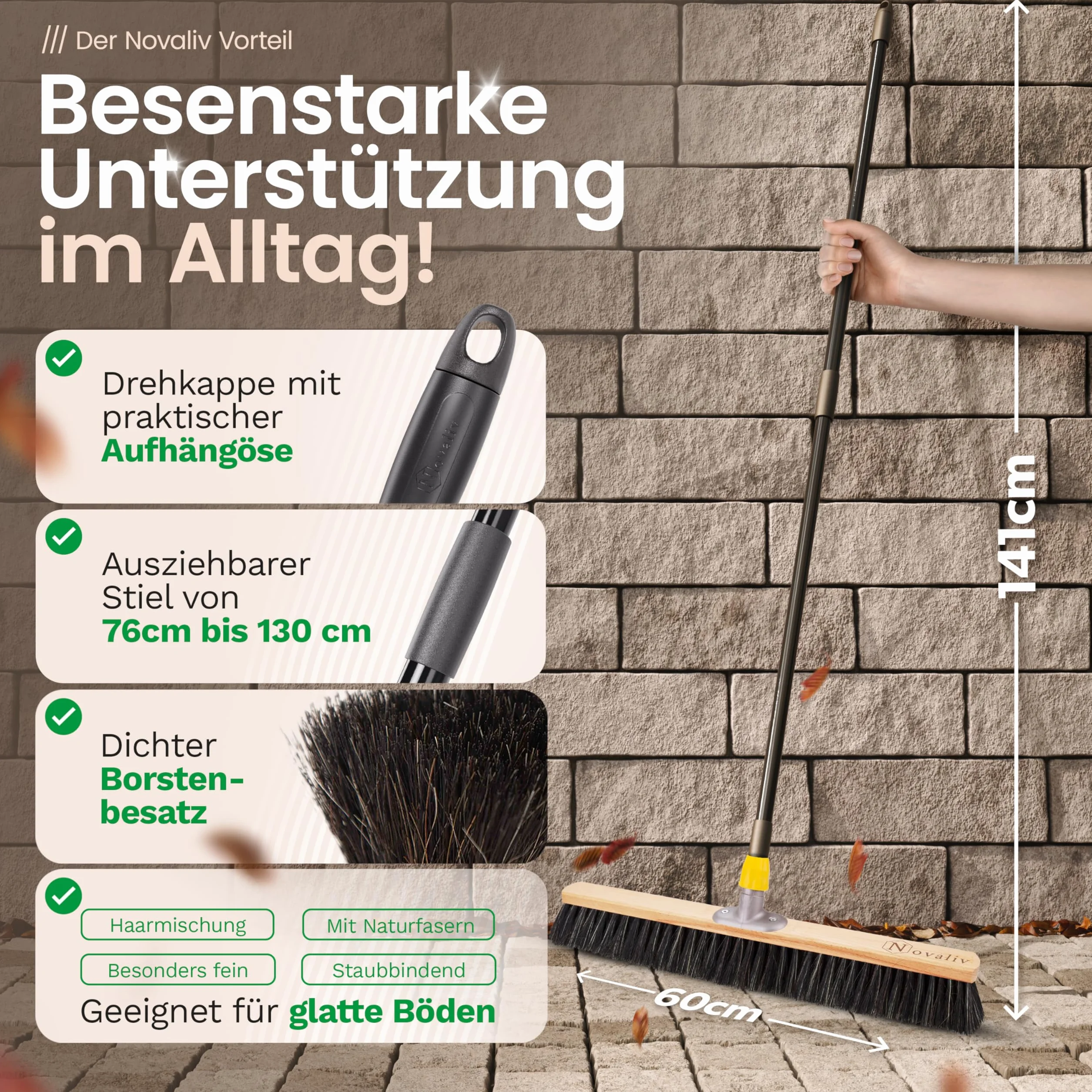 Novaliv Saalbesen mit Rosshaarmischung I 60cm mit Teleskopstiel I weiche Borsten Kehrbesen Hofbesen Feinstaubbesen