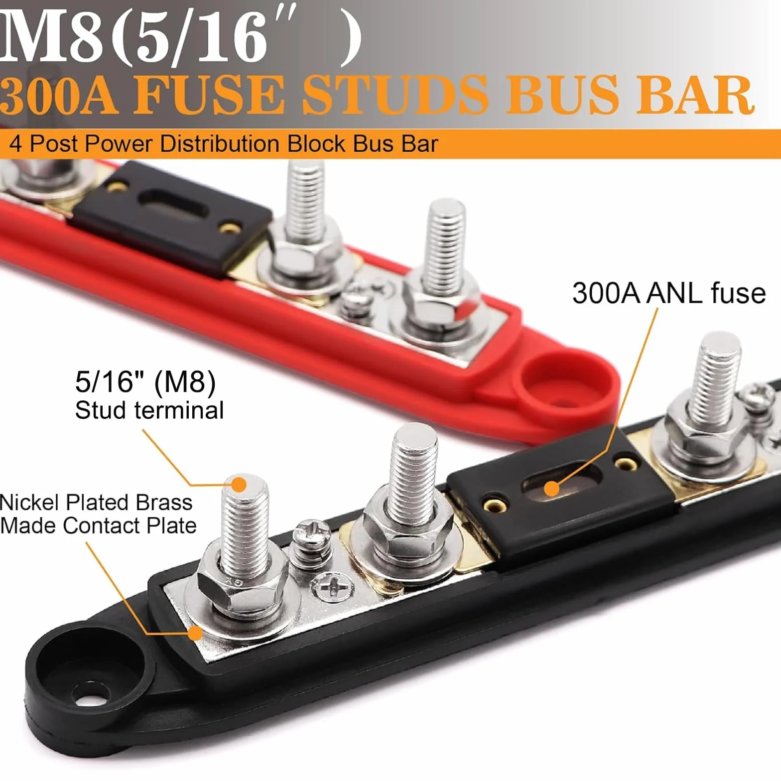 12V-48V DC Sammelschienen Verteilerblock 300A BusBar Box mit 4 x M8 Klemmenbolzen Hochleistungsmodul,Stromverteilungsblock Erdungsstrom für Auto RV LKW Boat Yacht (Rot Schwarz, 2PCS)