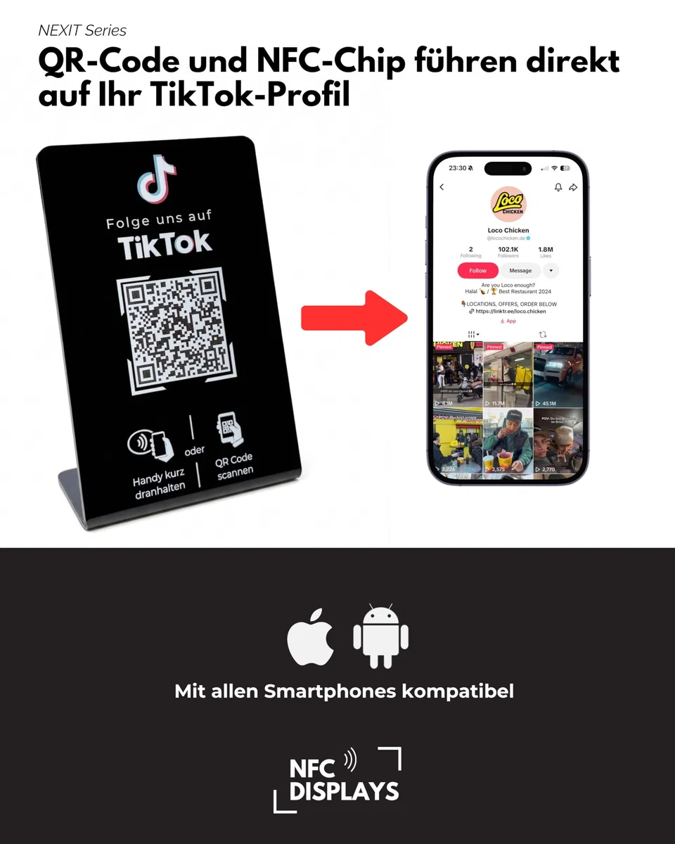 Aufsteller/Schild für TikTok Follower mit QR-Code und NFC (16,5 x 10,5 cm) - Deutsch