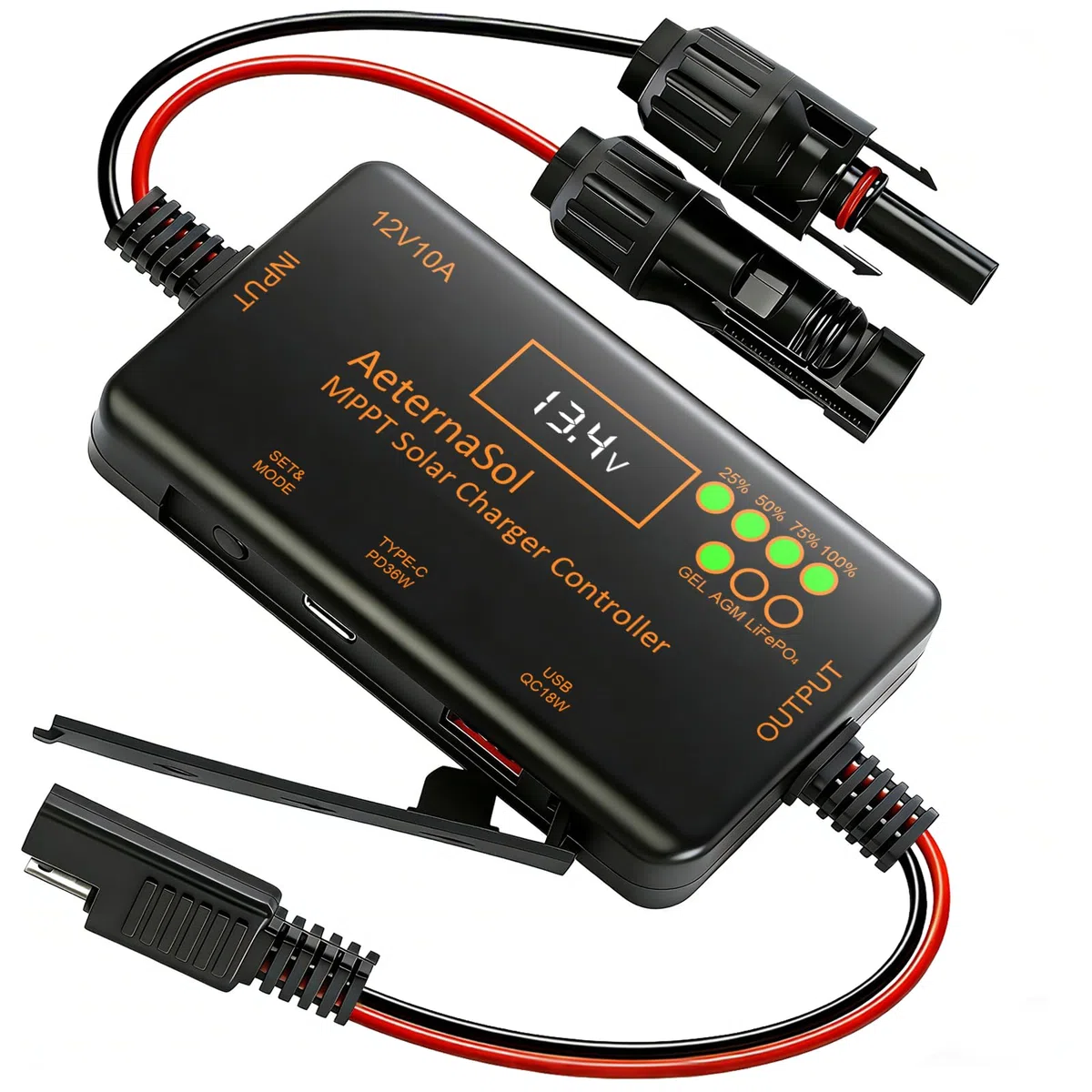 MPPT Solar Laderegler 10A mit USB-C 36W + USB 18W Schnellladung, Solarladeregler 12V mit LCD Display, Laderegler Solar 12V für LiFePO4, AGM & GEL Batterien, 30V VOC, Wohnmobil, Camping, Boot