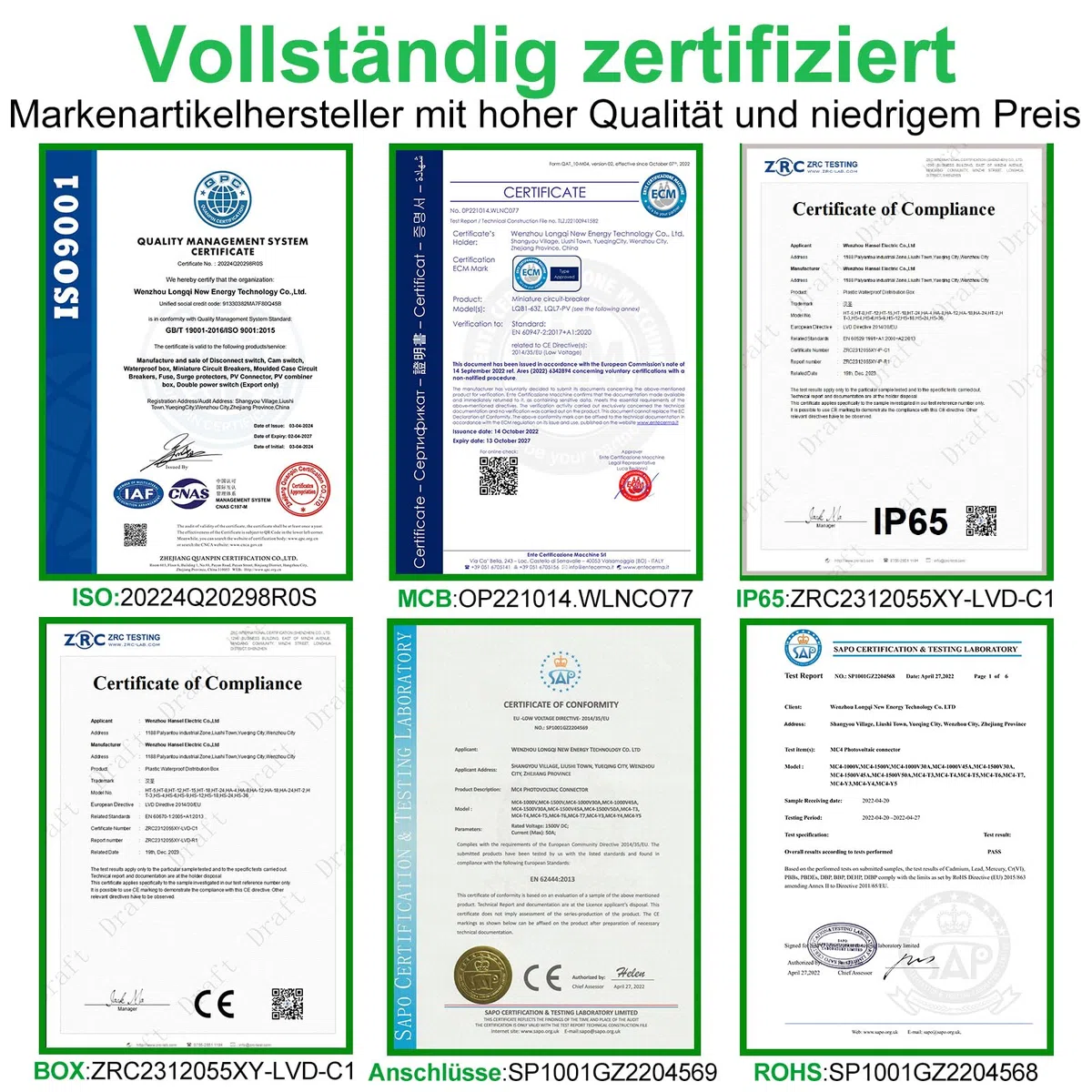 DC Trennschalter PV Anlage 32A 500V Sicherungsautomat 2polig IP65 Wasserdicht mit Kabel und Haken für Solarmodule Einspeisesteckdose Balkonkraftwerk