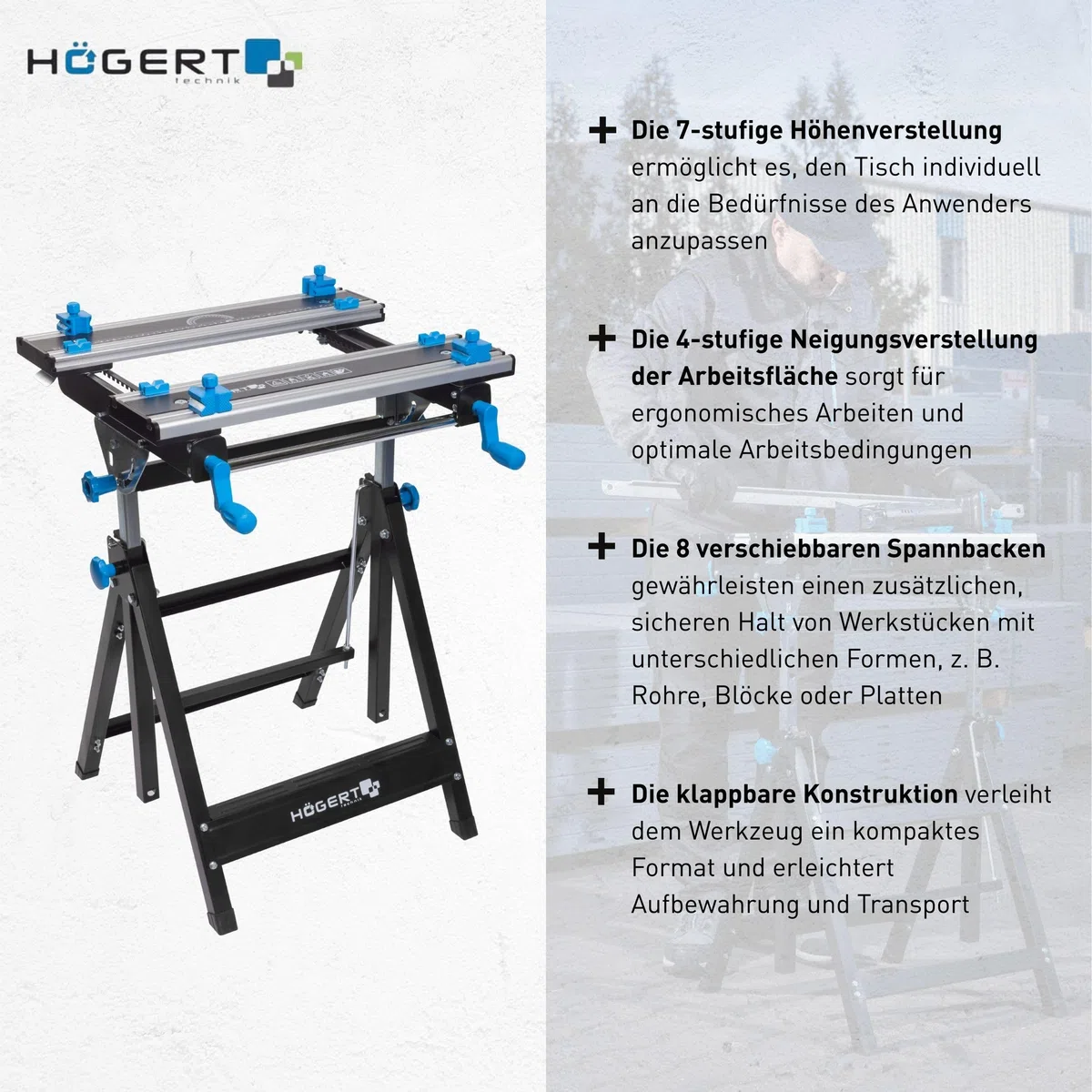 HÖGERT TECHNIK – Klappbarer, höhen- und neigungsverstellbarer Werkstatttisch 600x570x770–1070 mm mit Aluminiumplatte, Spannbacken, Winkelverstellung und Maßskala
