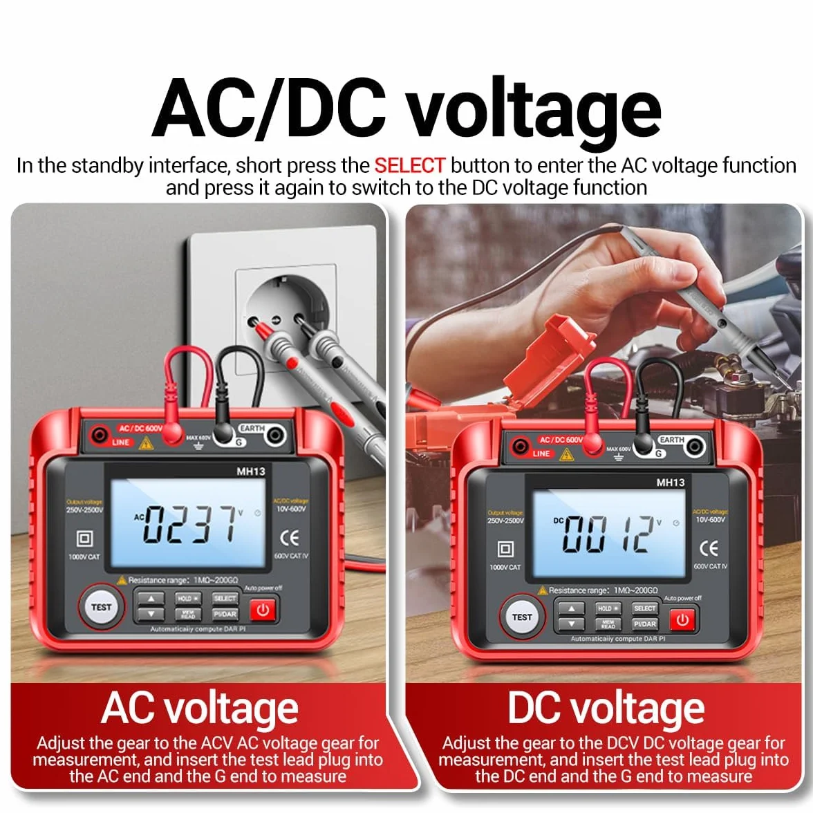 MH13 250V-2500V Digitaler Isolationswiderstandstester 1MΩ-200GΩ Megohm Test Meter Auto Range 2000 Counts LCD Display 10V~600V AC/DC Voltmeter mit 100 Datenspeicher